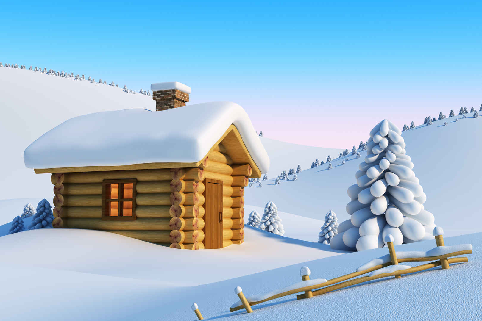 冬季雪山雪屋杉树风景图