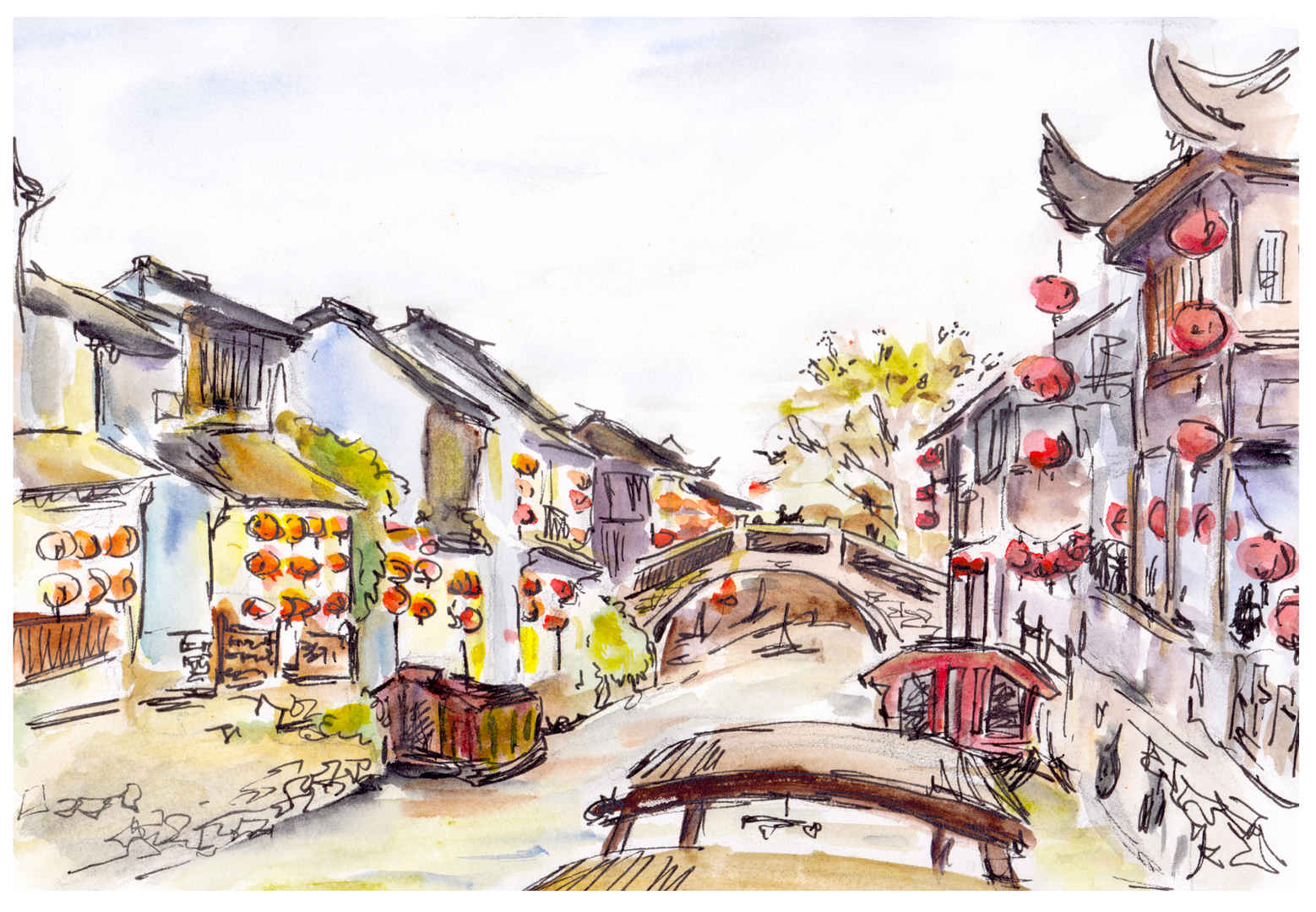 中国古镇运河水彩画图片