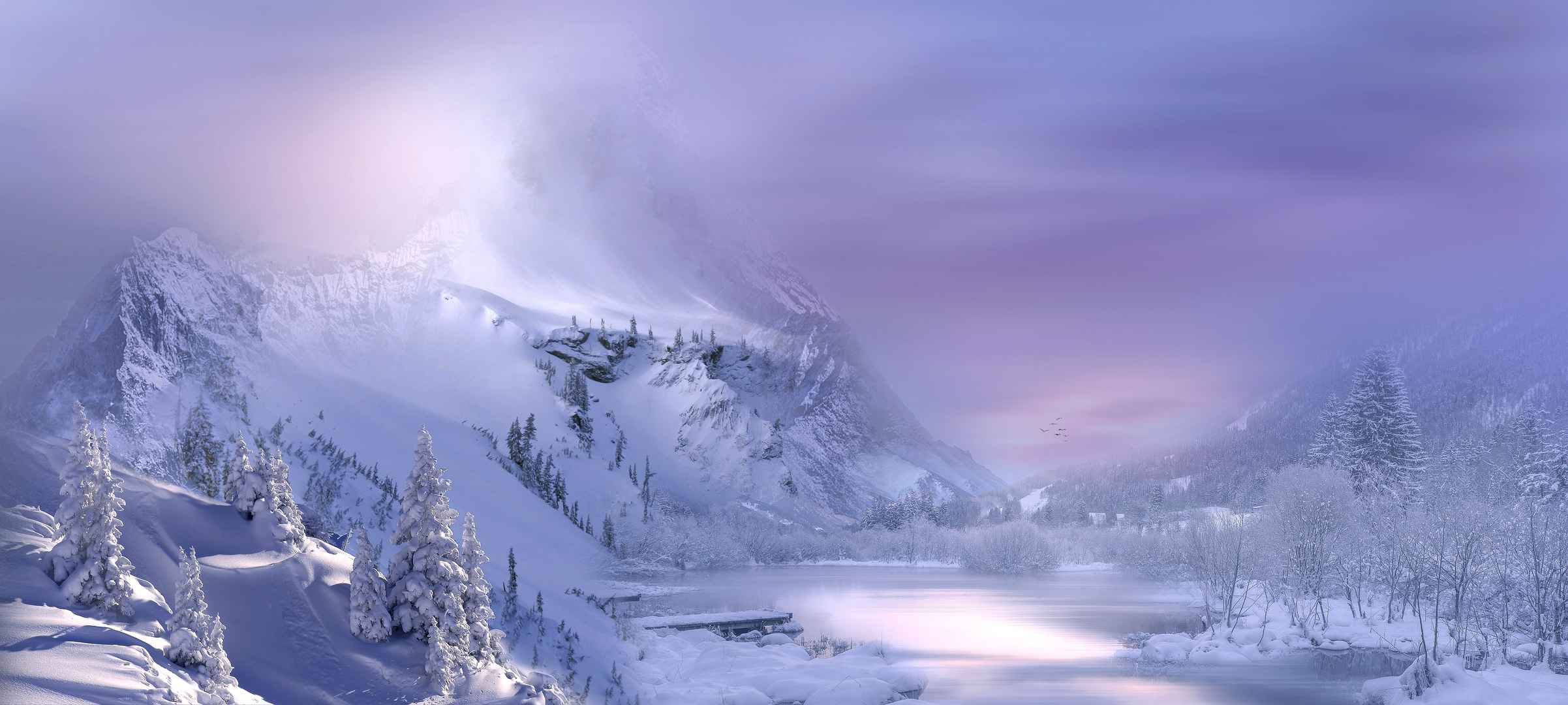 冬季白雪覆盖湖面和山峰图片