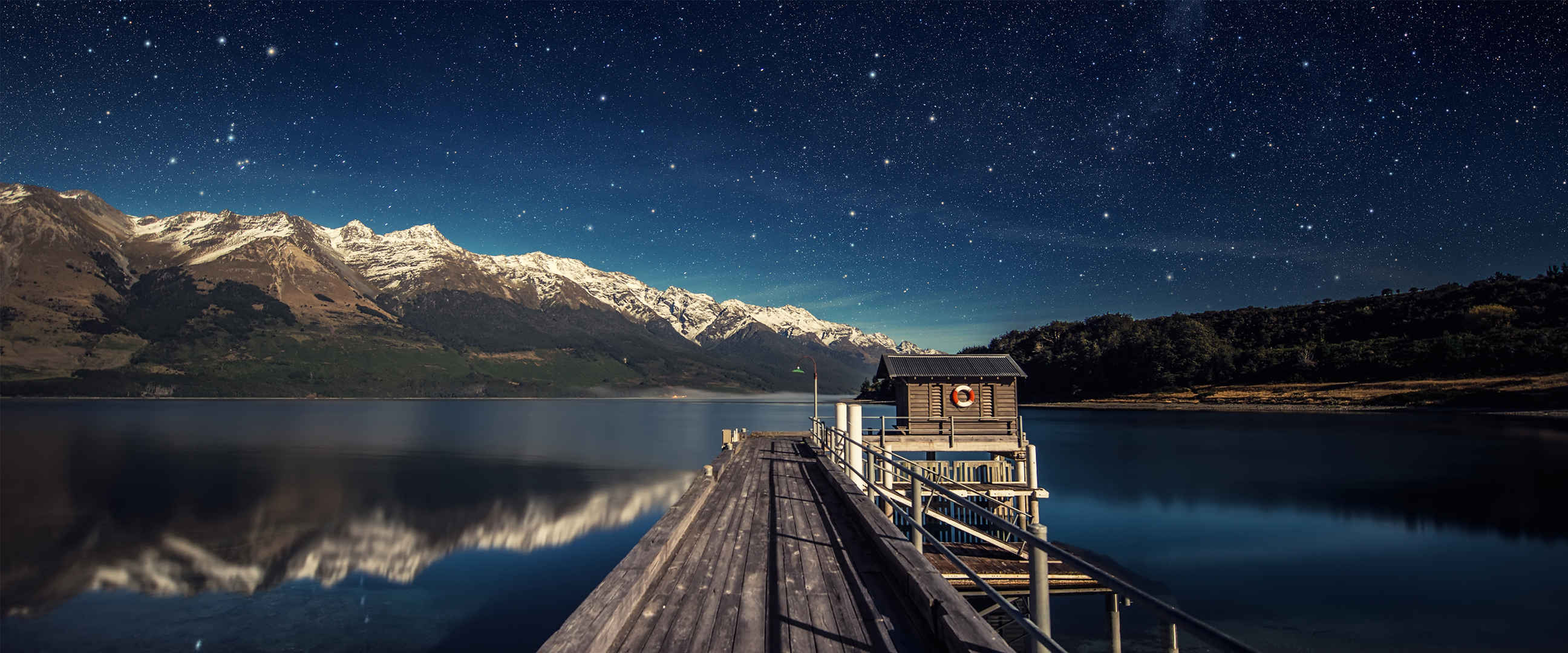 星空 雪山 湖泊 木桥 图片-