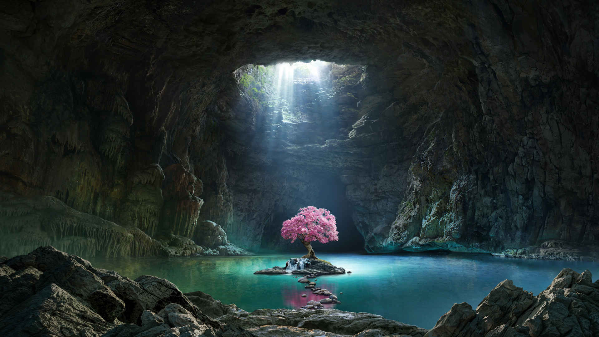 阳光 洞穴  湖水 粉色树木 唯美壁纸高清图片