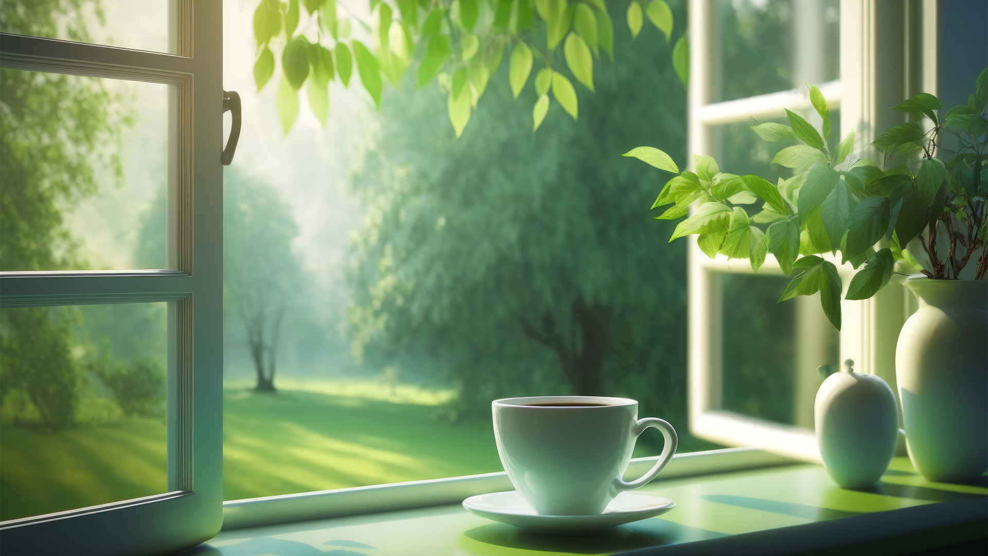 窗前 咖啡 绿色树林 护眼壁纸