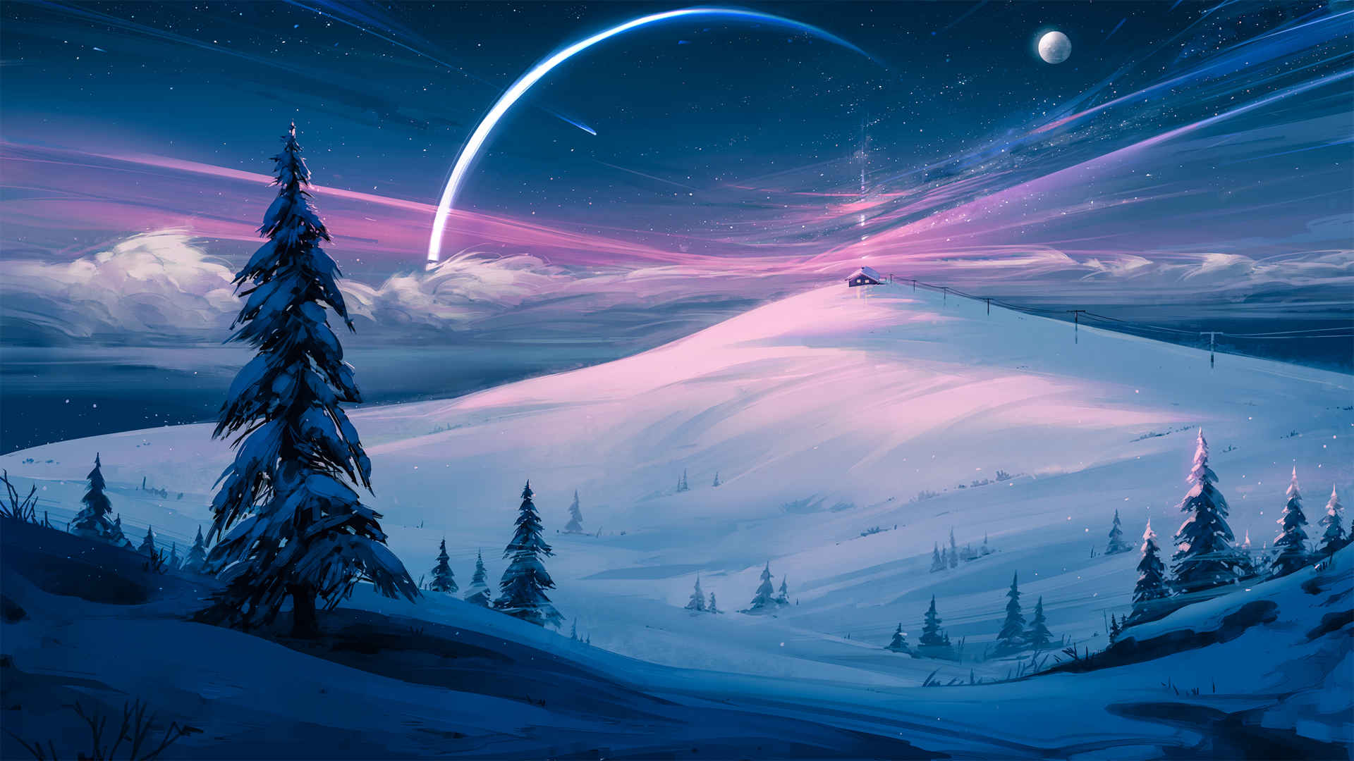 冬天,雪,山,云,树,星星,星空,月亮,风景壁纸