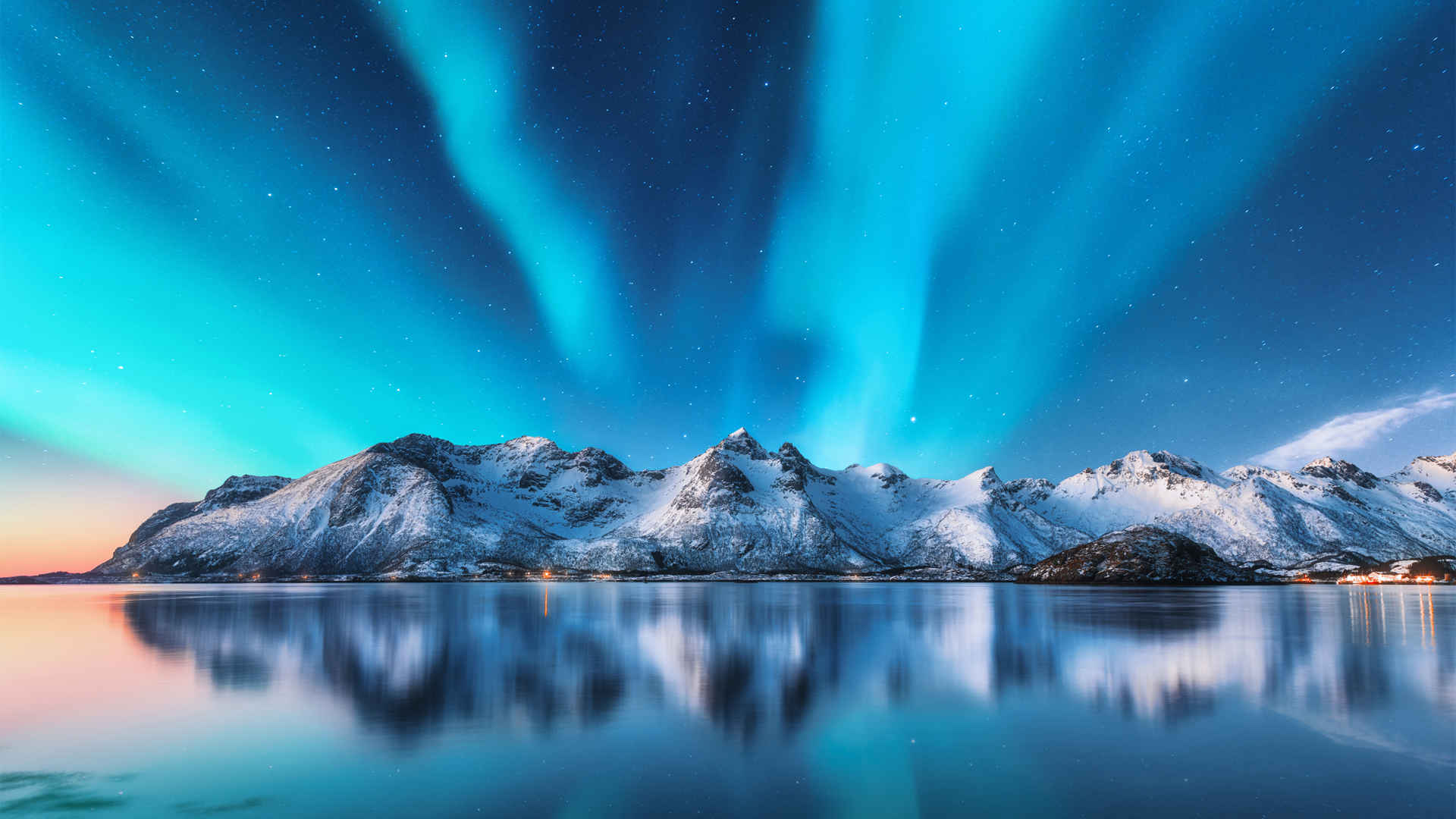 蓝色极光星空湖水雪山风景壁纸-