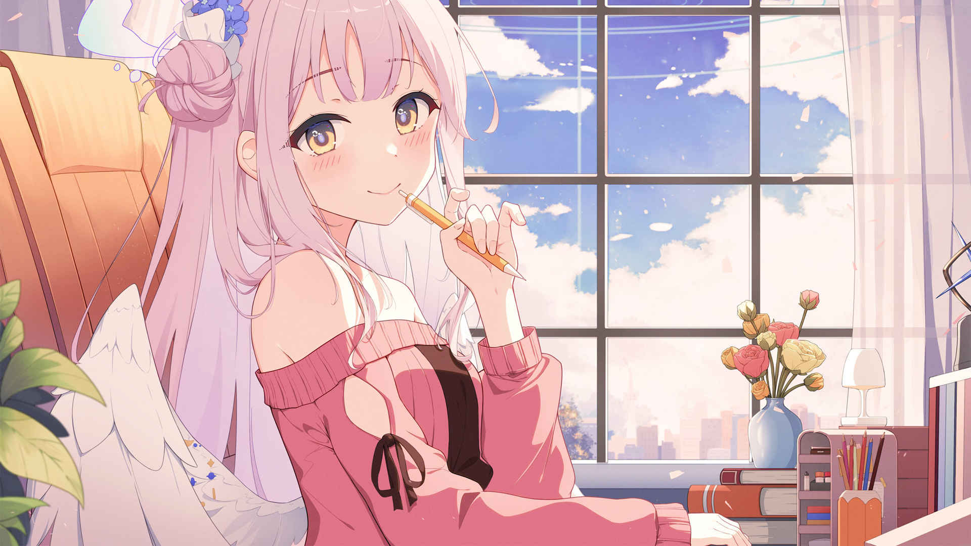 窗户边粉色头发动漫女孩壁纸高清