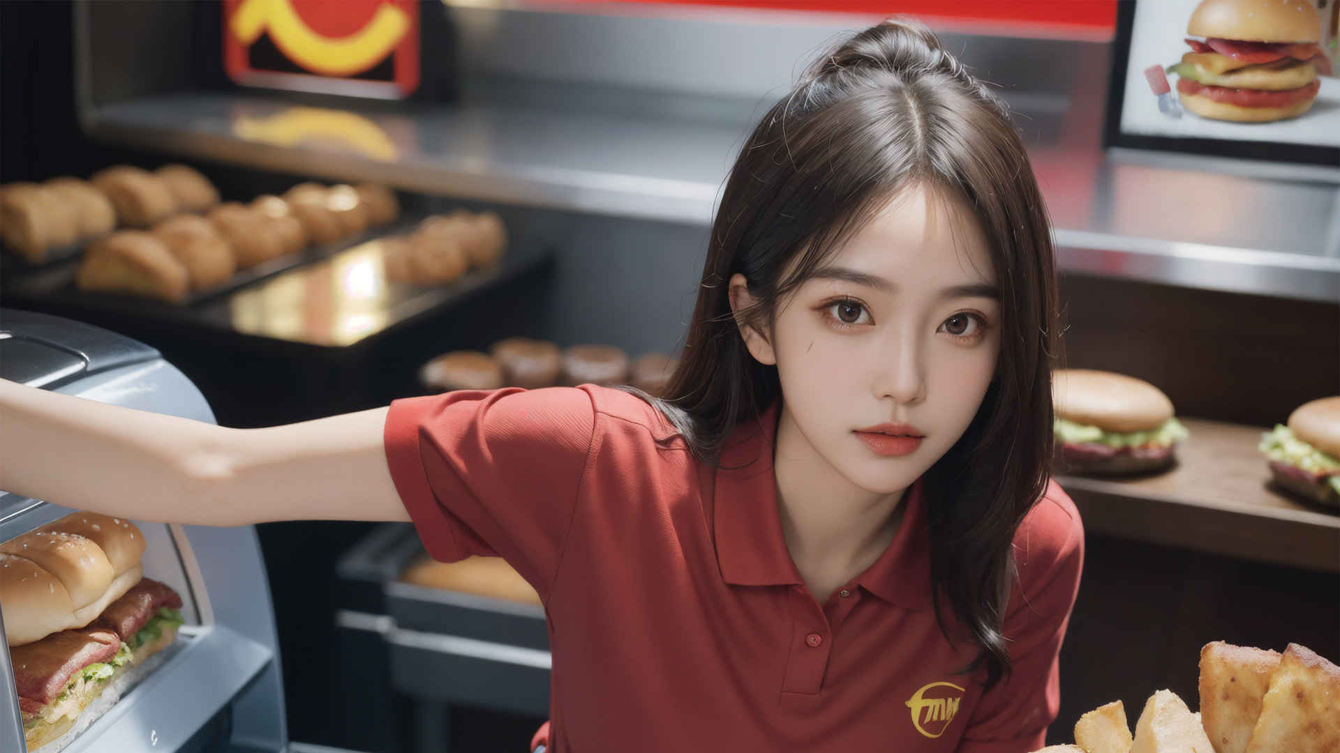 汉堡店工作服长头发美女动漫电脑壁纸-