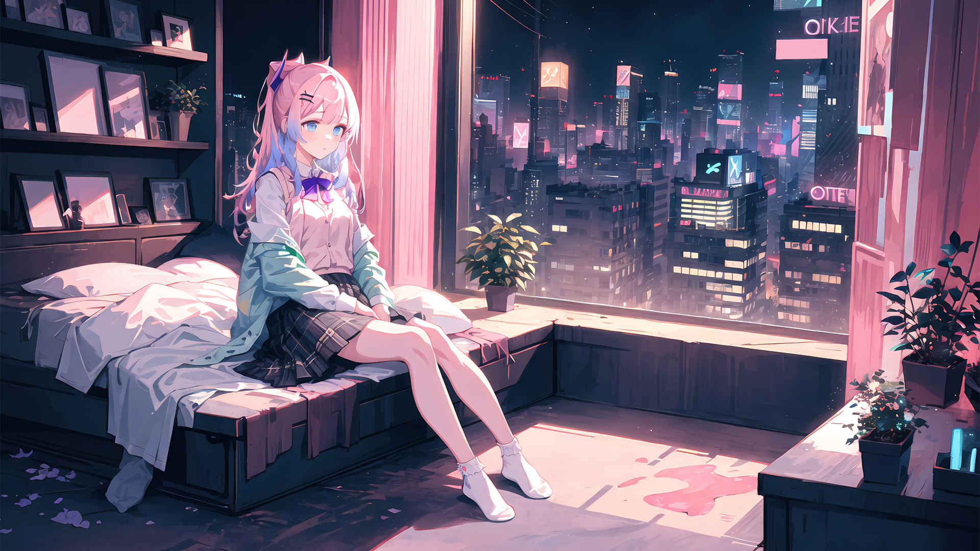 玻璃窗室内动漫美女壁纸