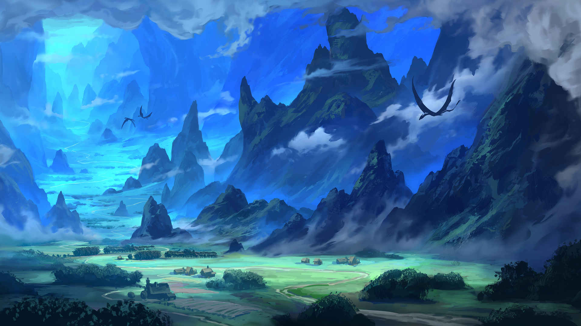 白云 群山 飞龙 幻想插画电脑壁纸