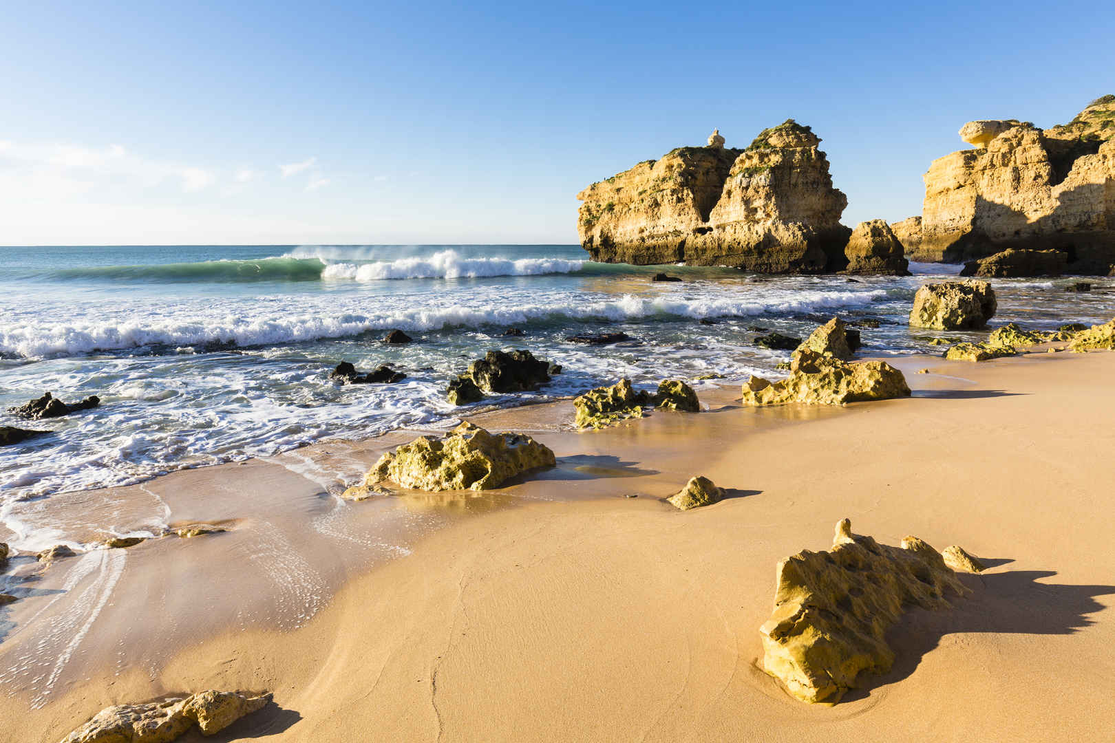 石头,沙子,阿尔布斐拉,阿尔加维,葡萄牙 海边 5k壁纸