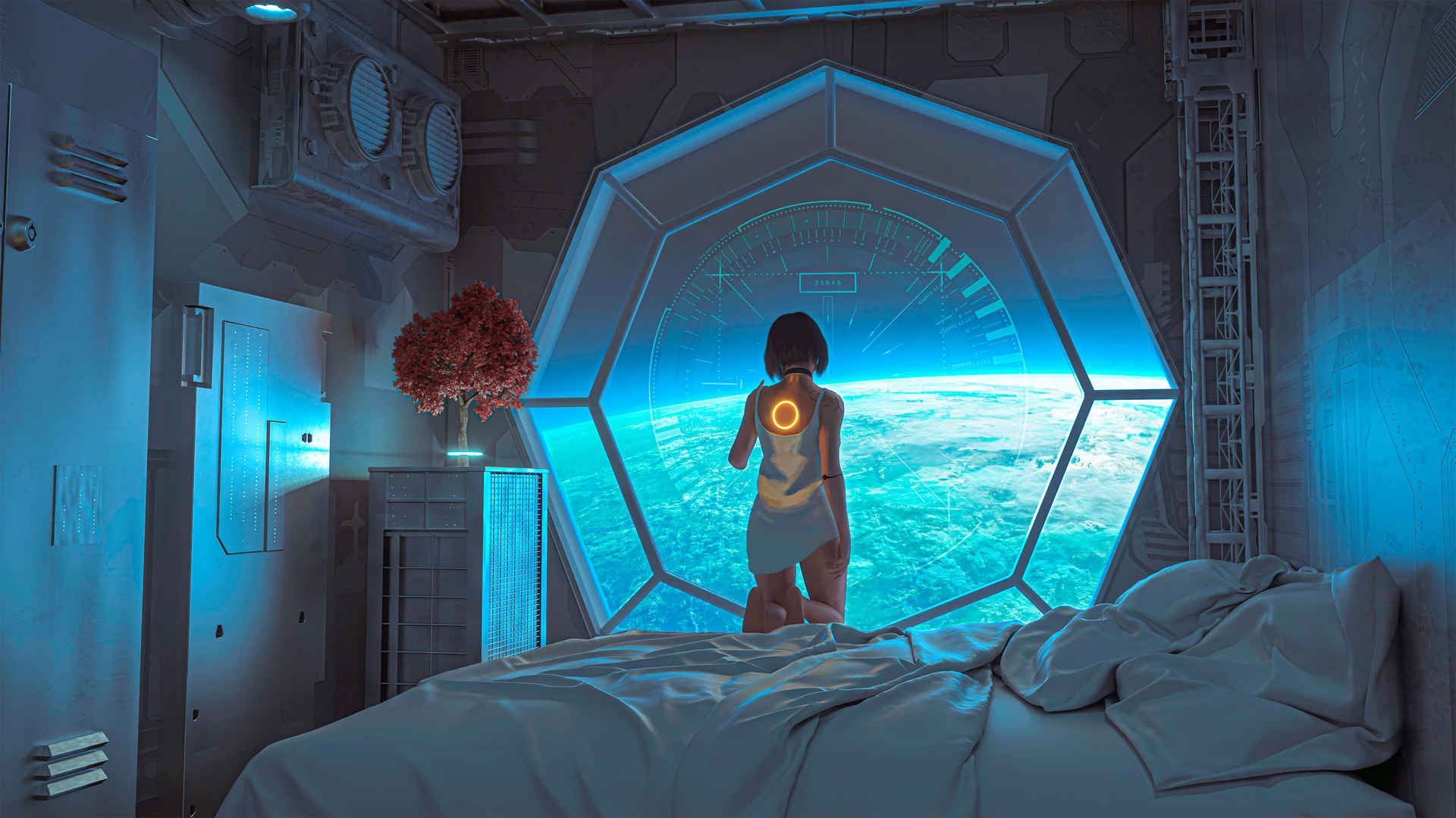 未来科幻 太空 宇宙 房间 床 树 机械人女孩 星球4k动漫壁纸-