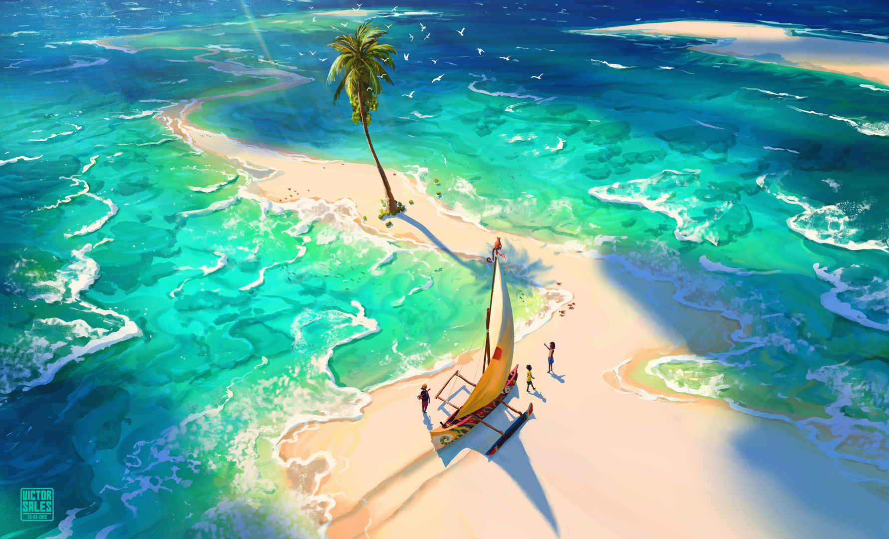 大海 棕榈树 海滩帆船  动漫风景5k壁纸-
