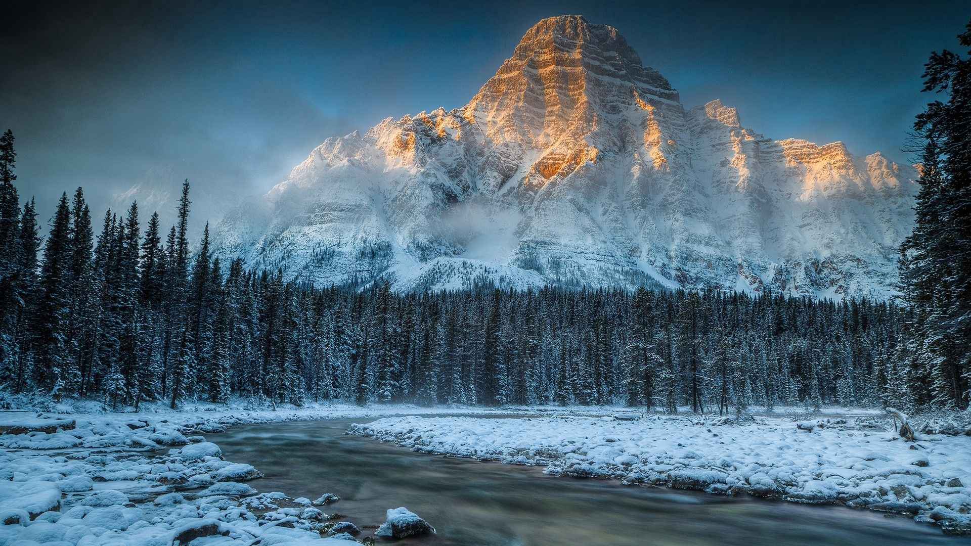 河流穿越森林 高山披雪尽 阳光壁纸