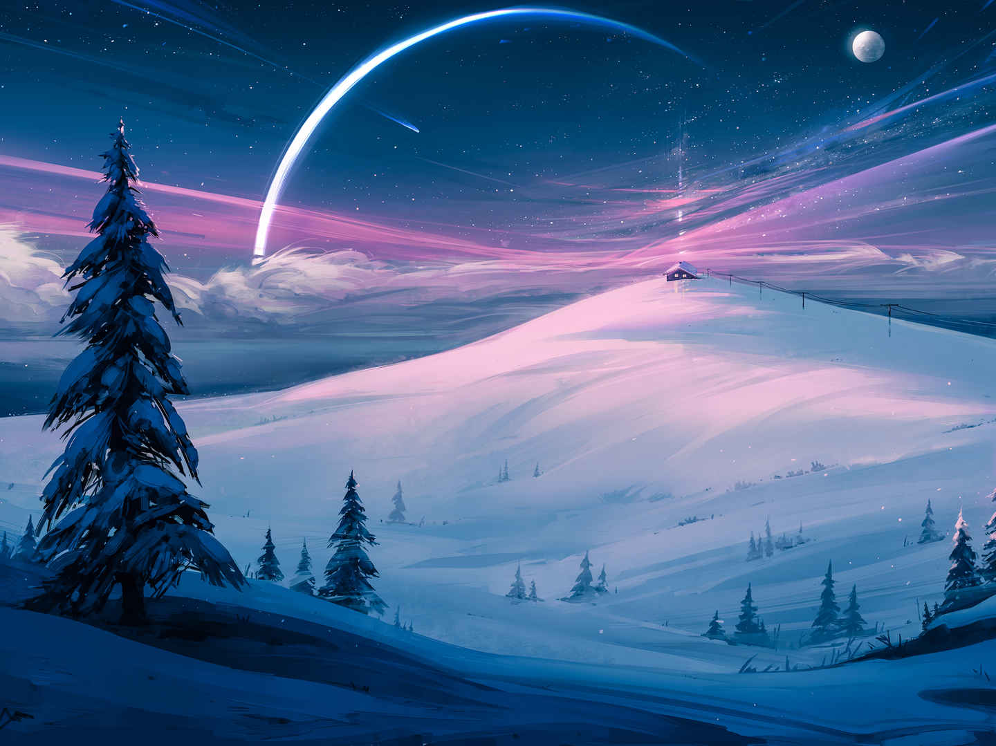冬季 雪景 树 房子 月亮 星星 平板风景壁纸