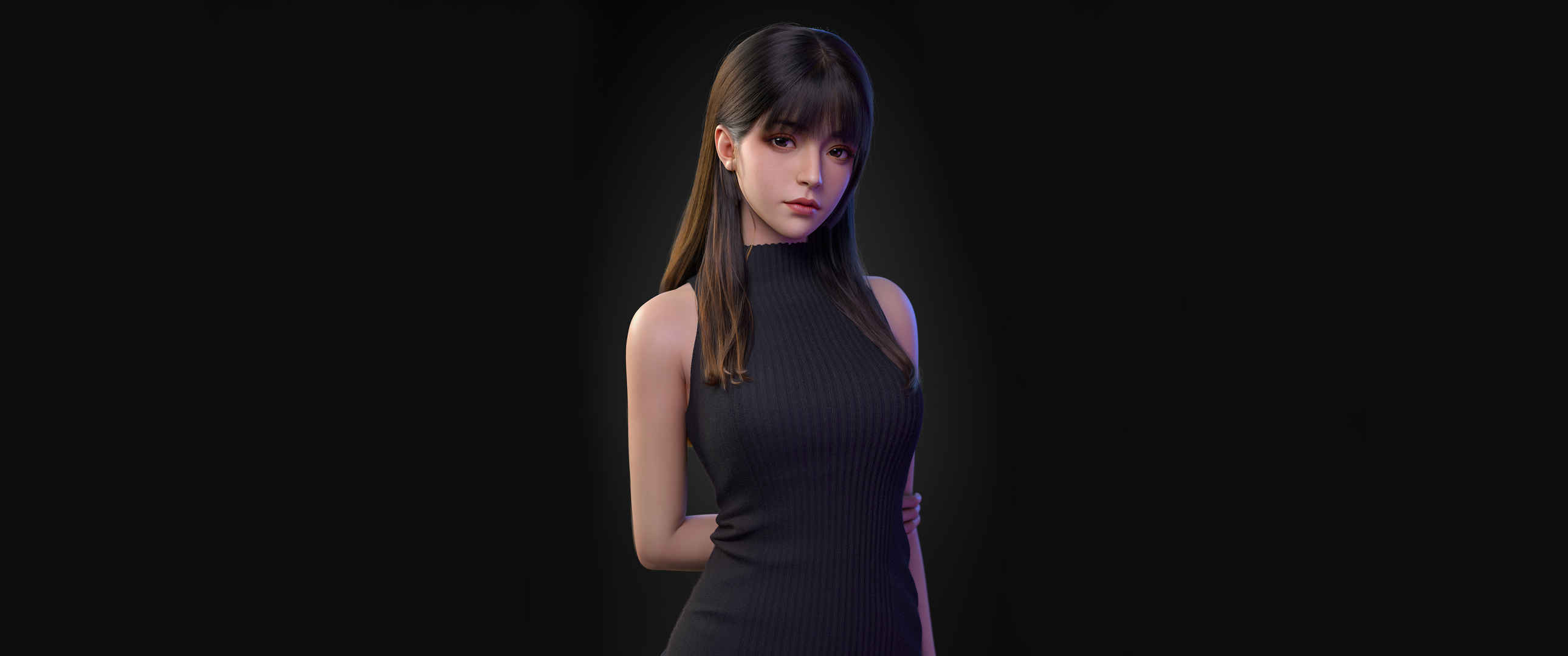 黑色毛衣裙长发美女带鱼屏壁纸3440x1440