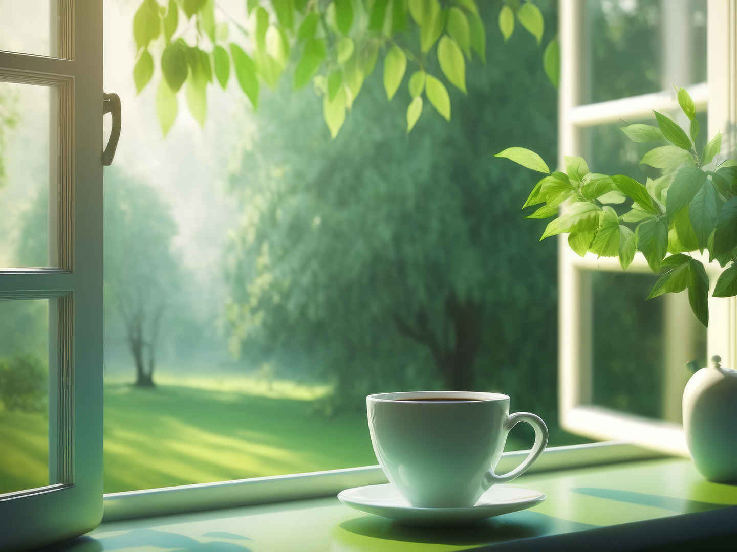 窗边咖啡绿色惬意景色