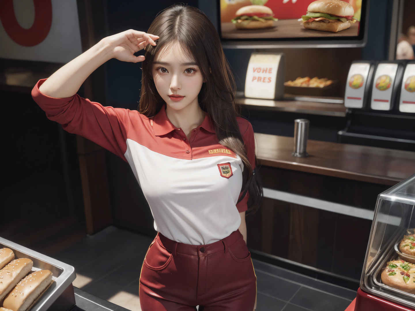 汉堡店长发美女ai绘画4k壁纸