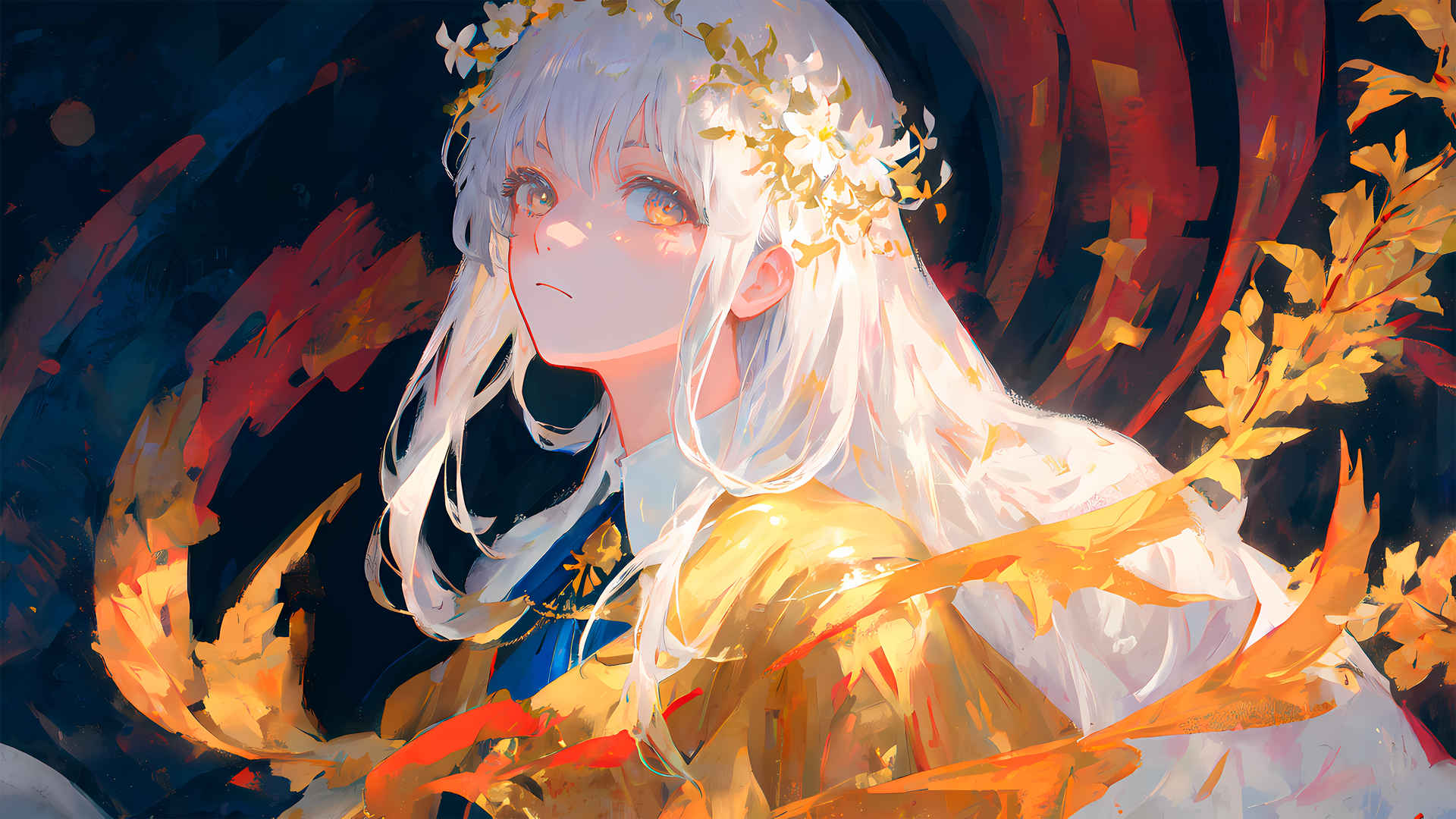 白色长头发动漫花环女孩 壁纸3840x2160
