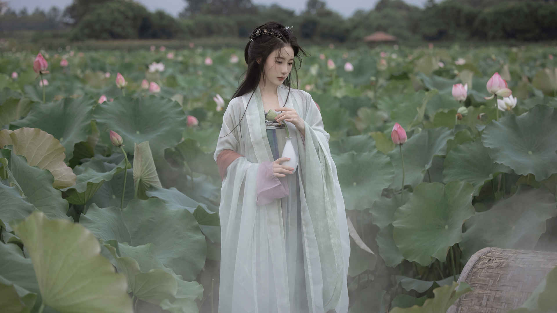 荷花塘古风仙气美女4k壁纸