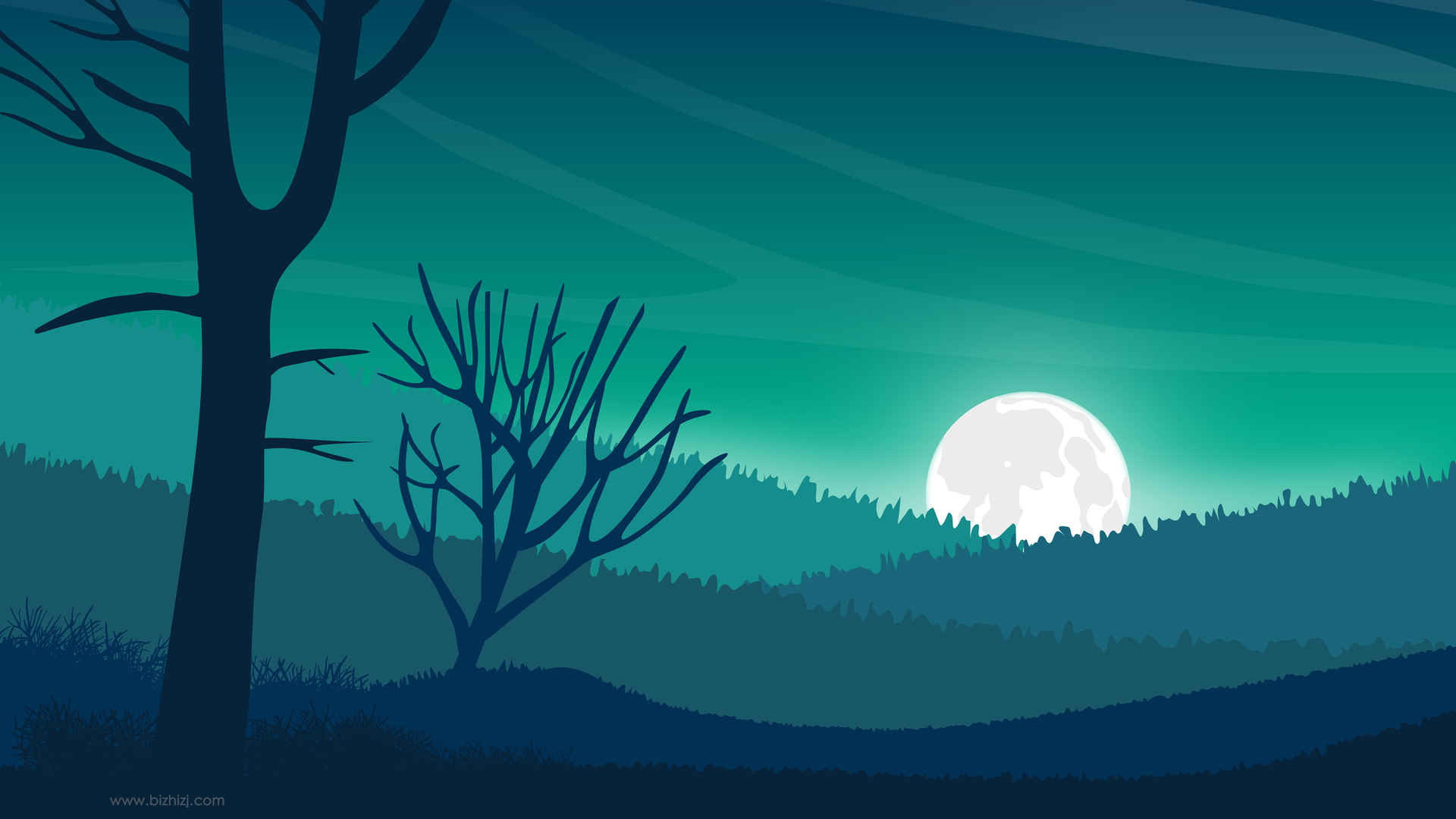 夜晚 树木 森林 月亮 风景插画壁纸-