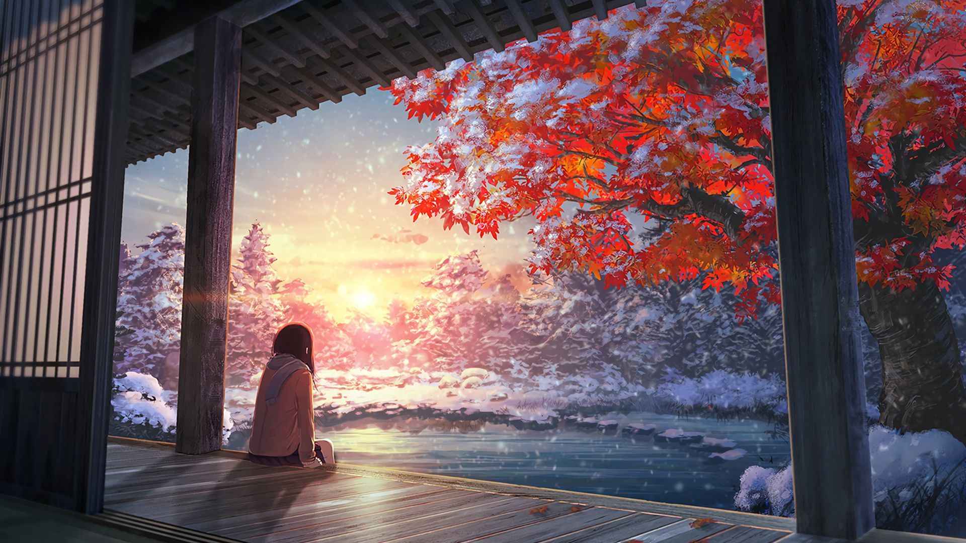 雪花纷纷的清晨，一个坐在古木建筑门前的少女唯美动漫壁纸-
