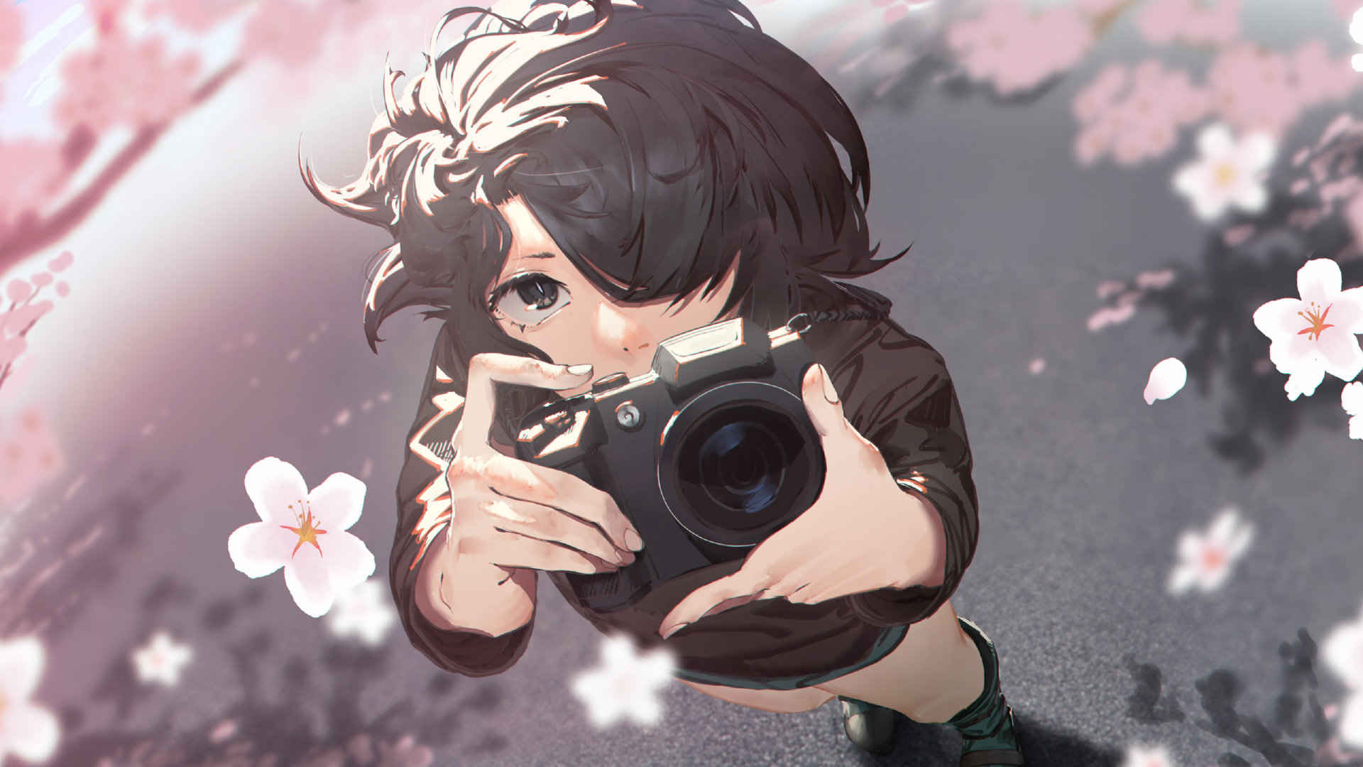 拿着相机拍樱花的动漫美少女-