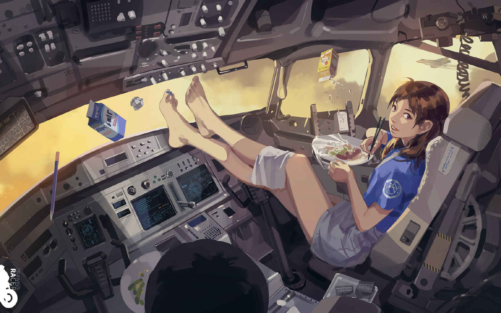 创意手绘在飞机驾驶室吃面的动漫少女-