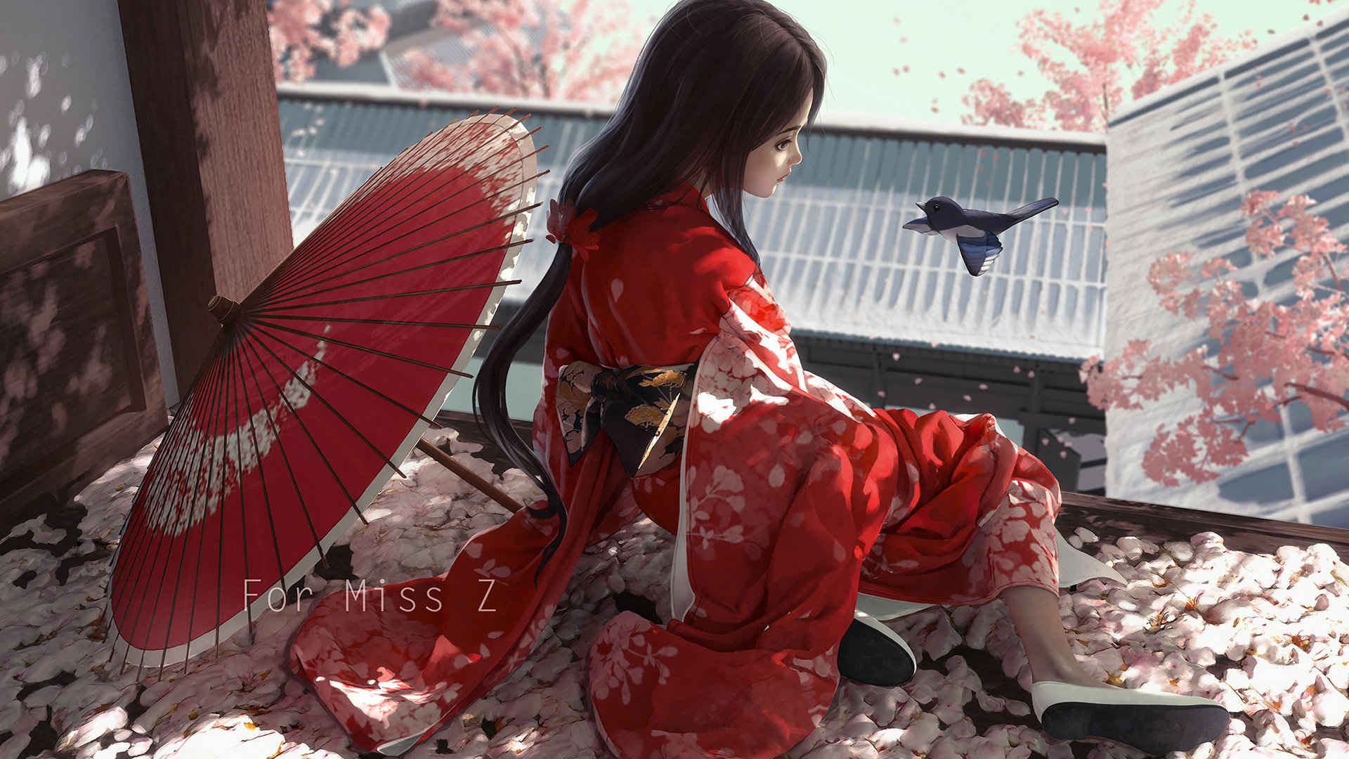 坐在樱花满地的榻榻米上穿和服的动漫少女