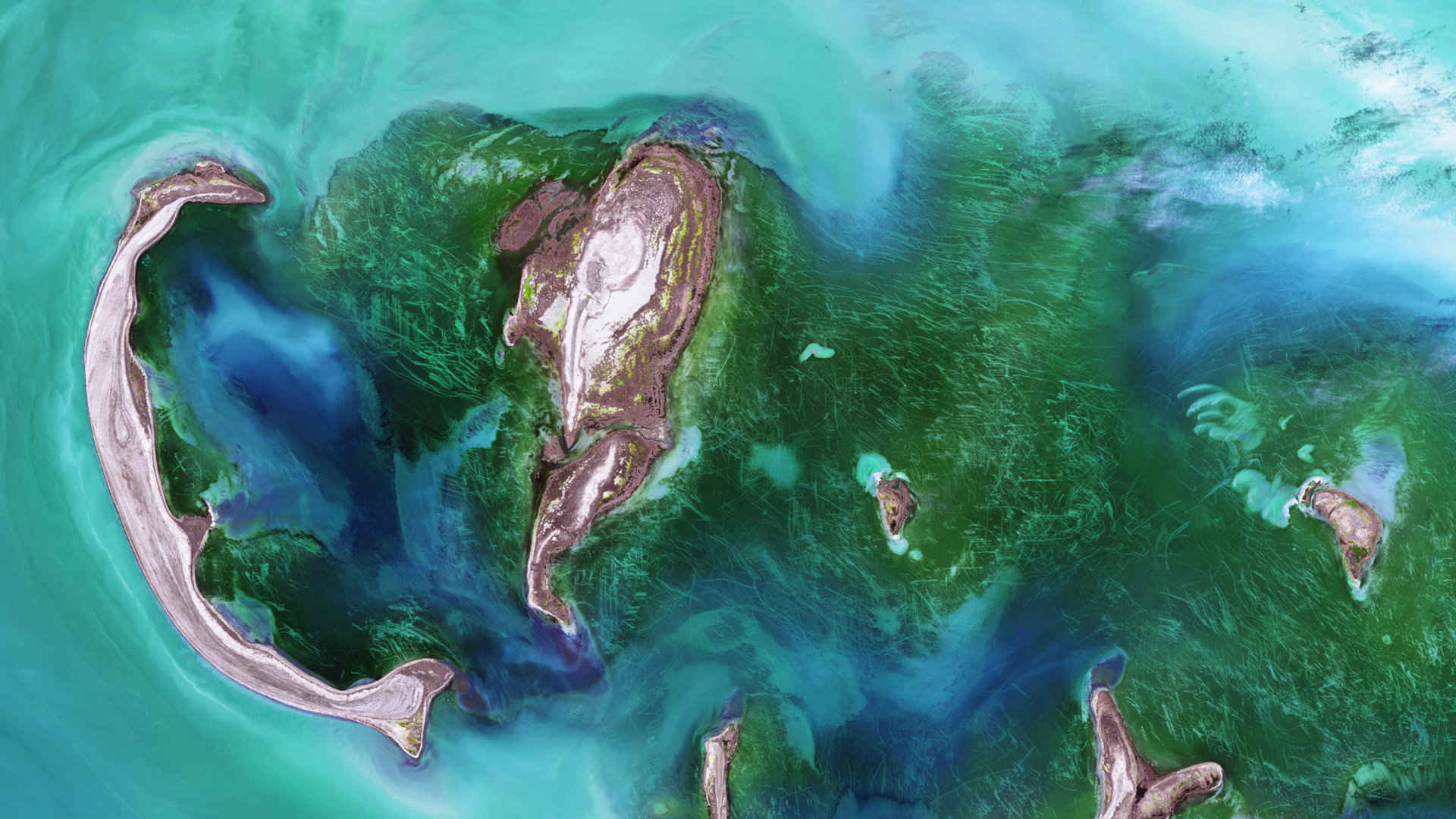 太空看地球，航拍海上的岛礁风景超清8K壁纸-
