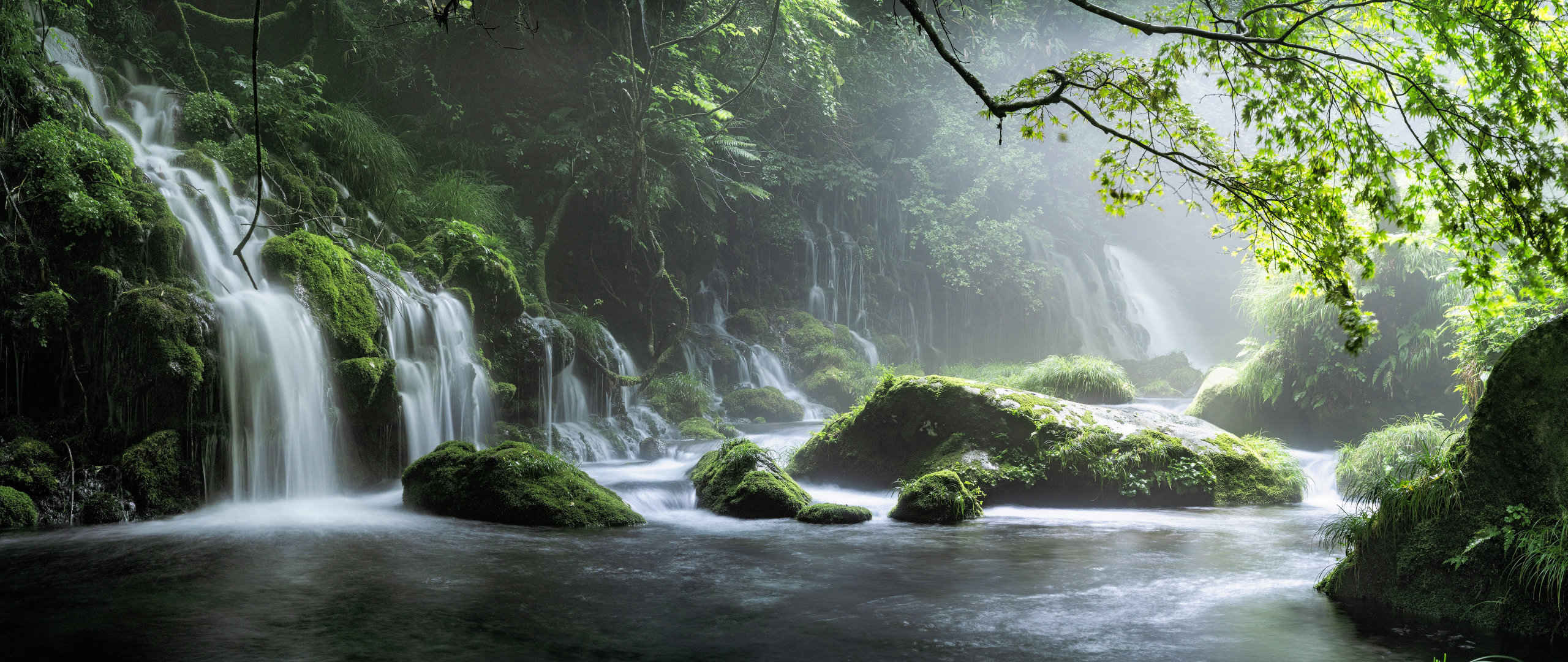 瀑布 溪流 岩石 绿树壁纸-