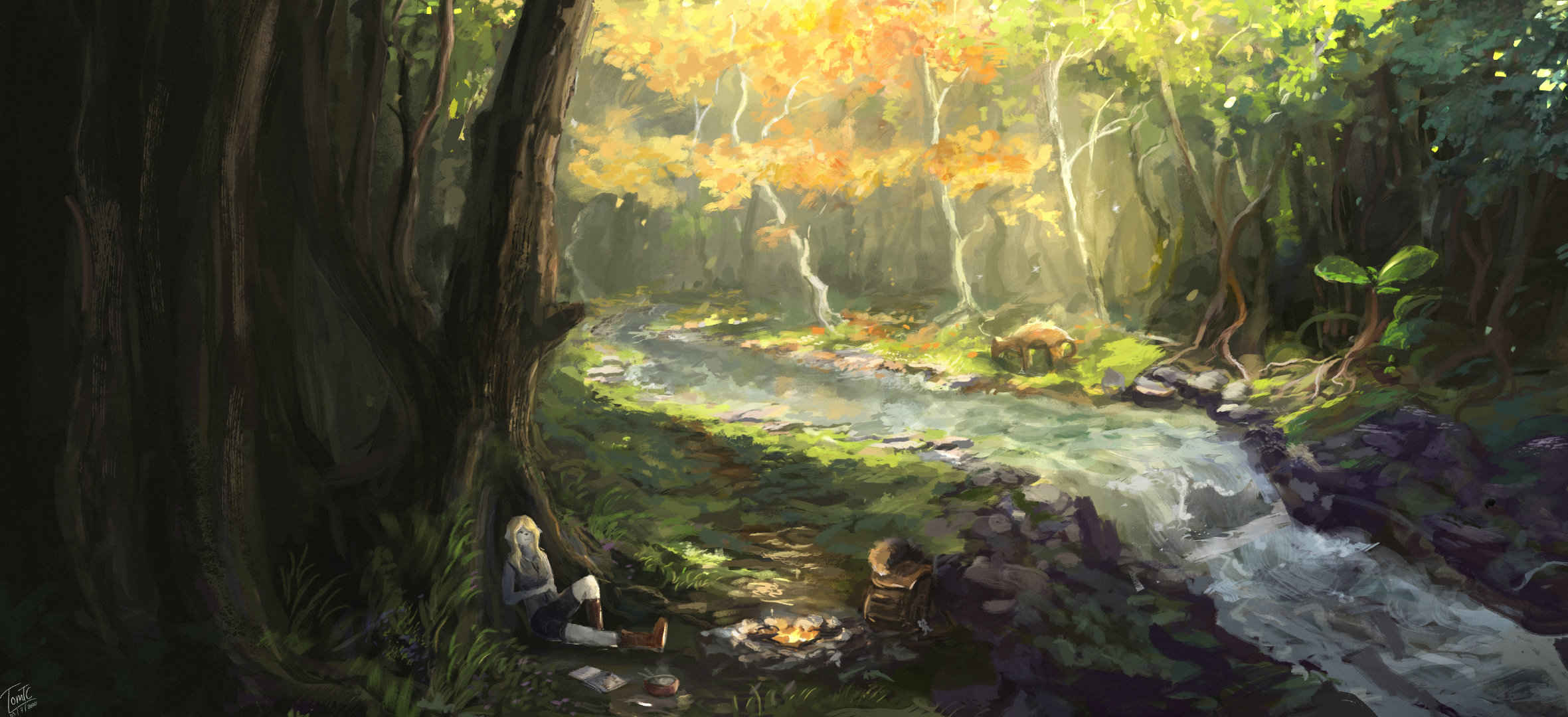 森林 女孩 秋游 宁静的秋天 树 河流 绘画-