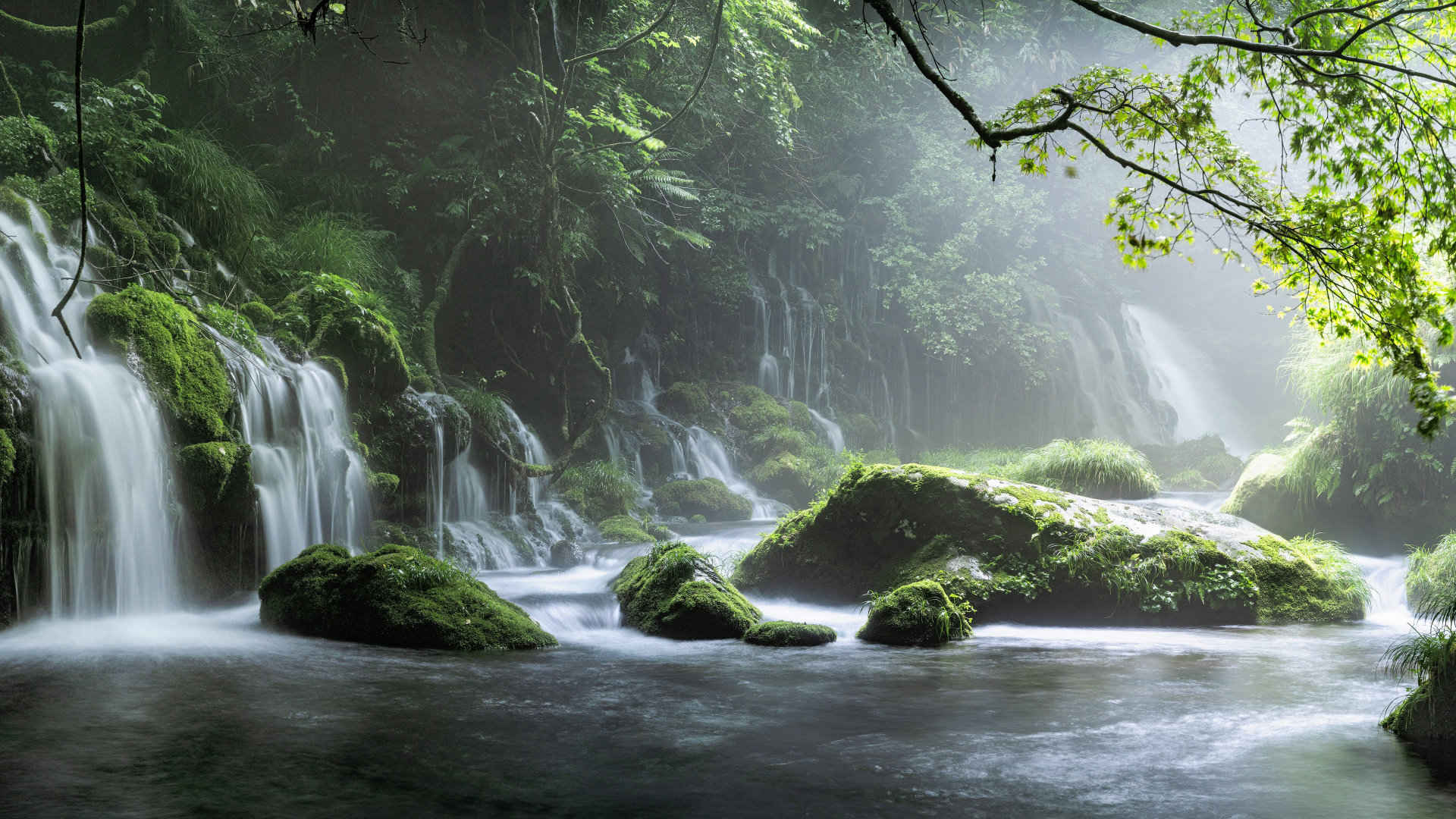 自然风景森林 瀑布 树林-