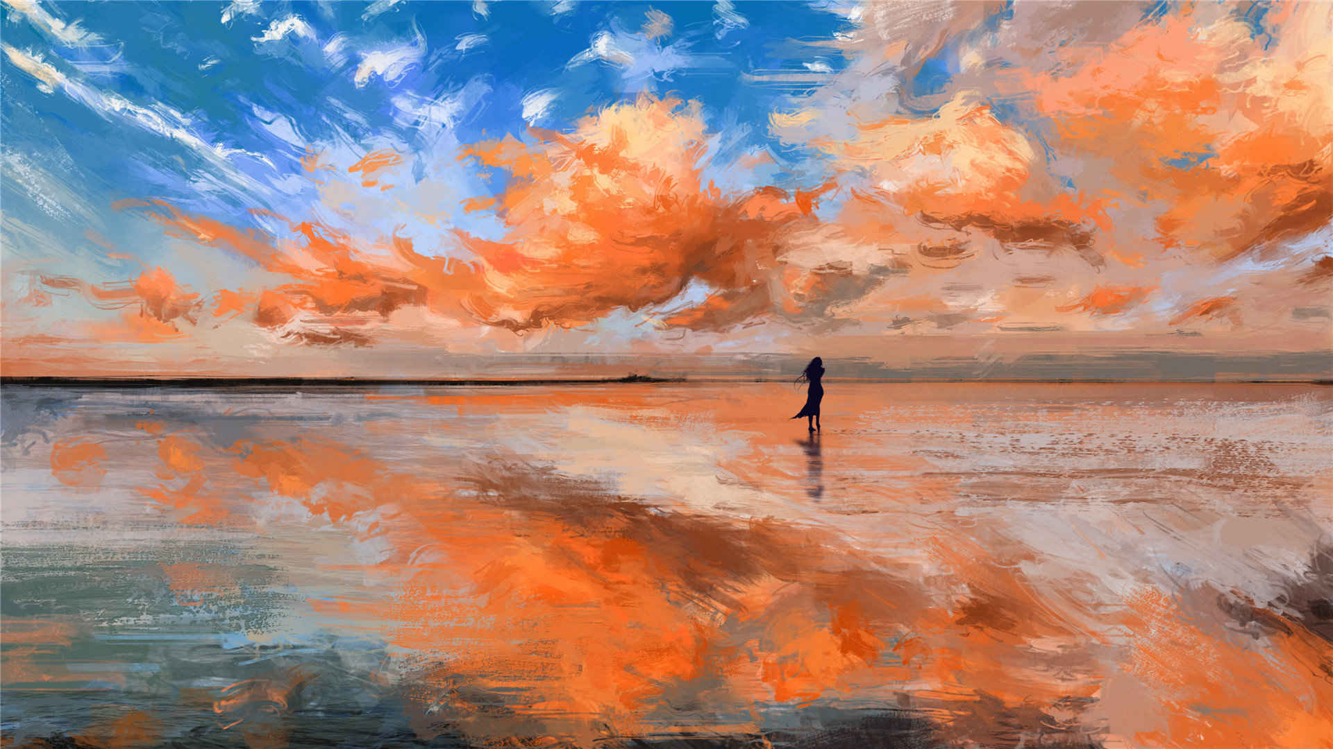 超美手绘小女孩站在海边背景干净有意境的图片-