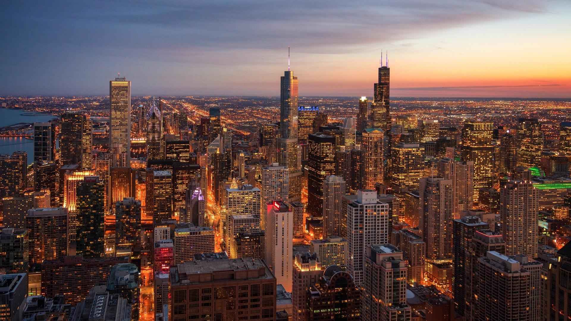 落日美国芝加哥超高清城市风景壁纸-