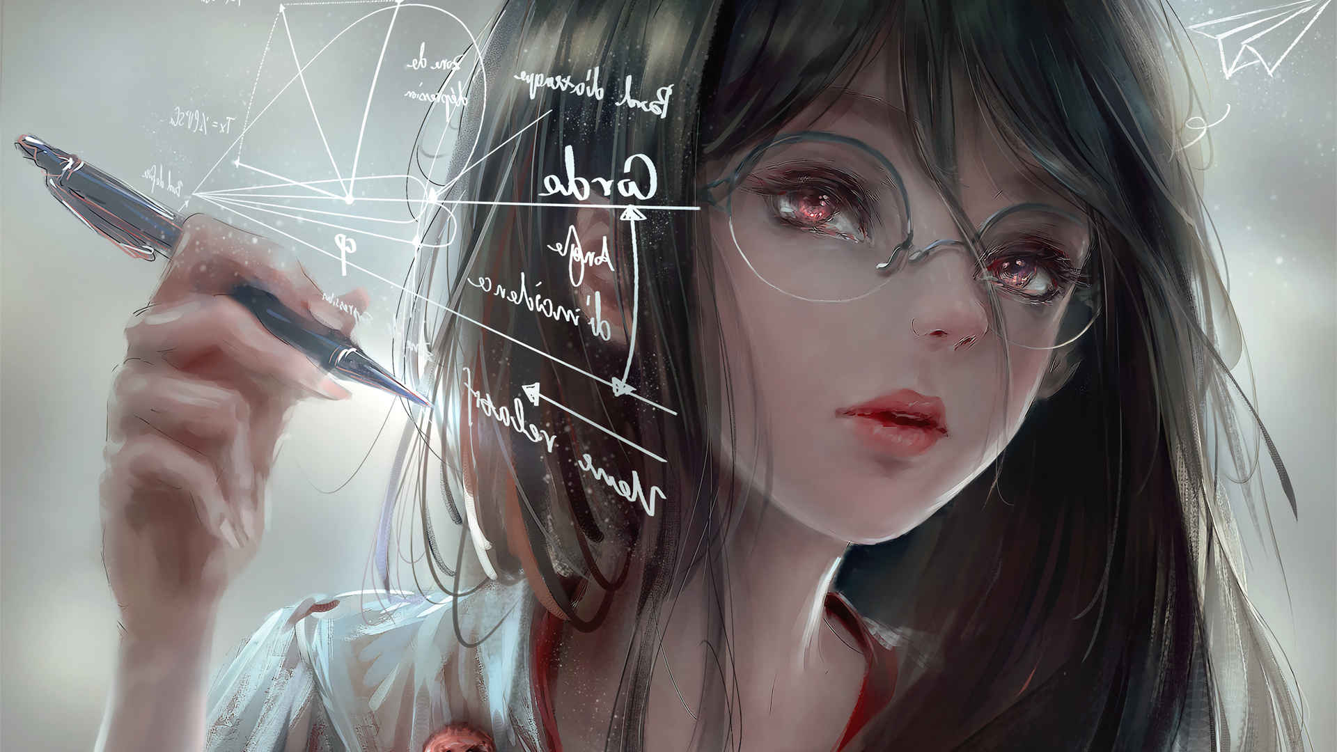 戴眼镜的动漫女孩 学霸厚涂板绘桌面壁纸图片-