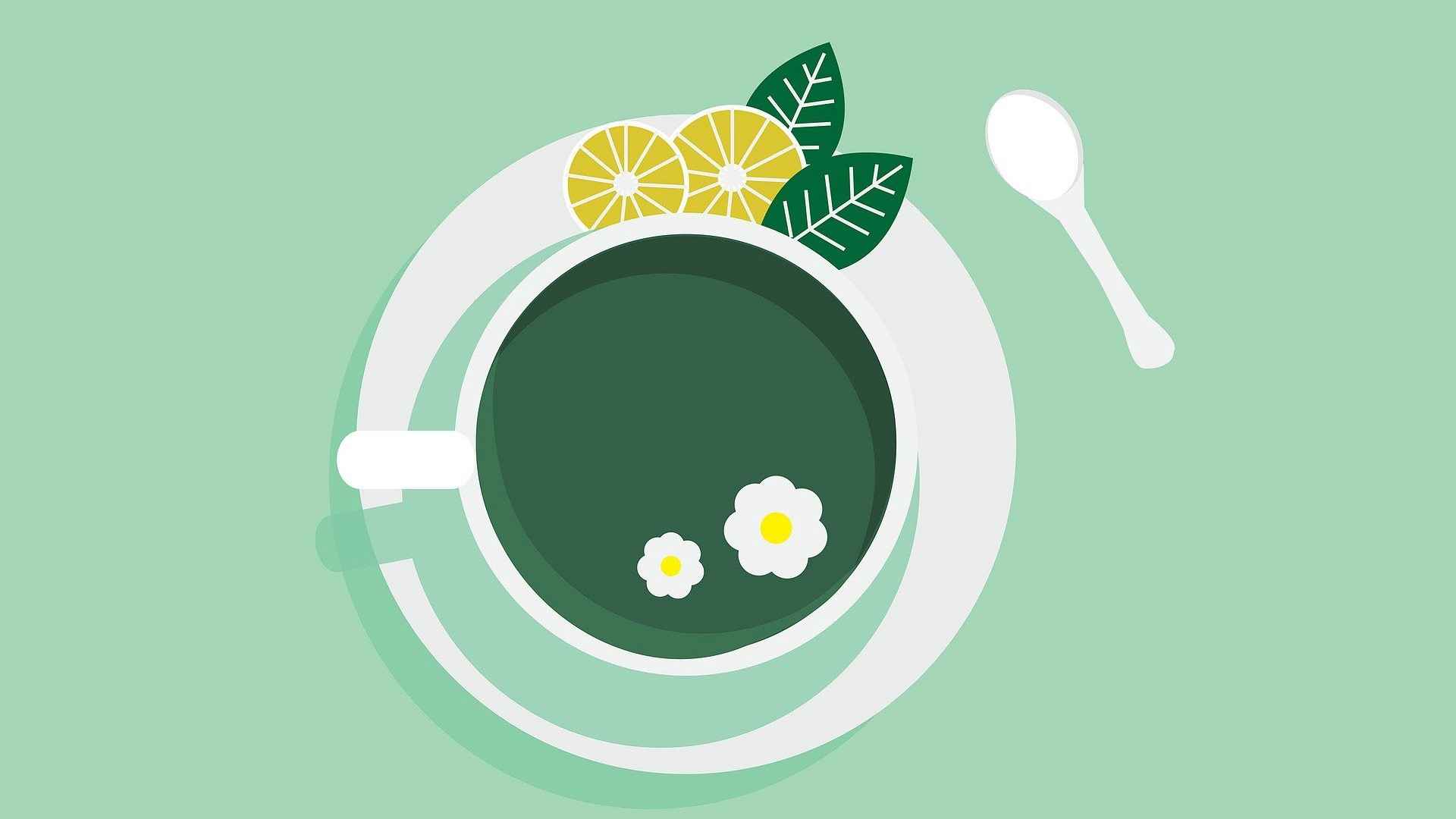 一杯清新的菊花茶，柠檬片，薄荷叶 茶杯唯美插画壁纸图片-