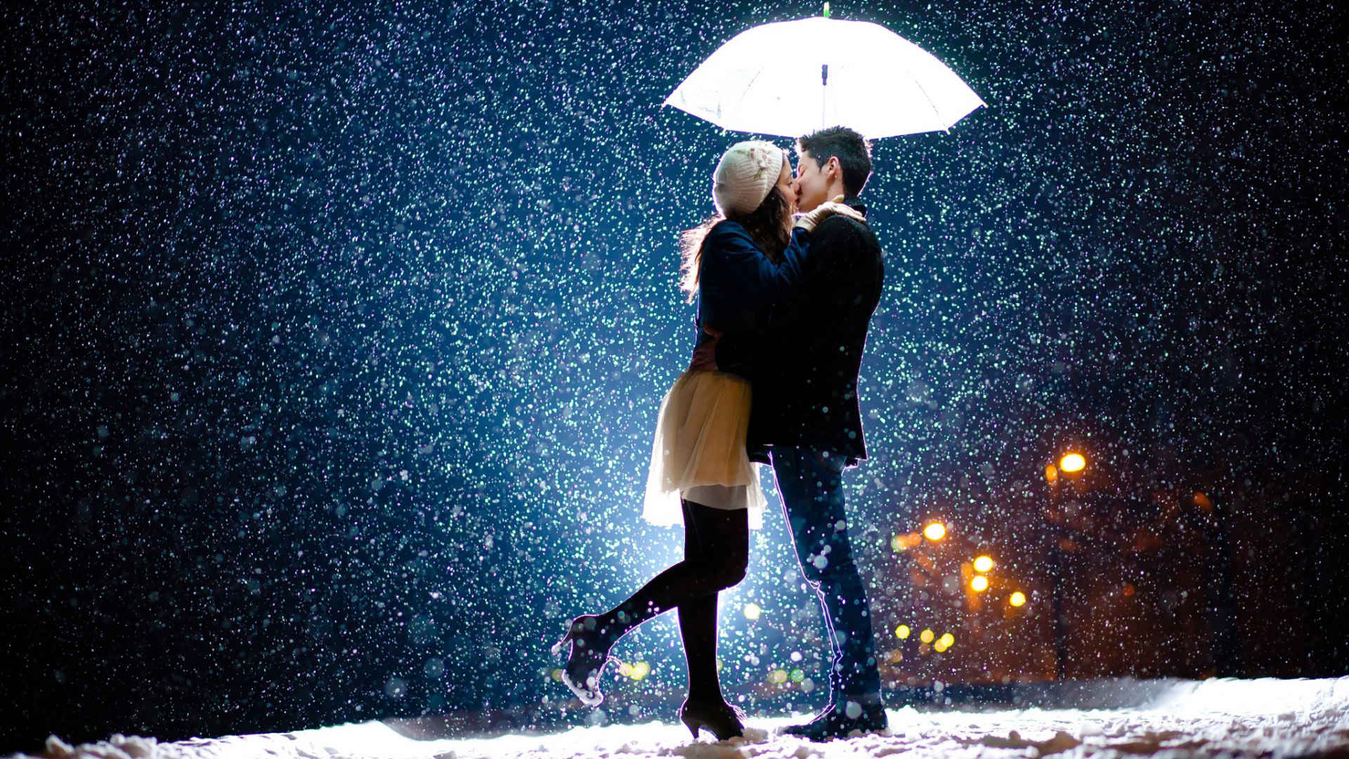小伙,女孩,雪,伞,一见钟情,桌面壁纸
