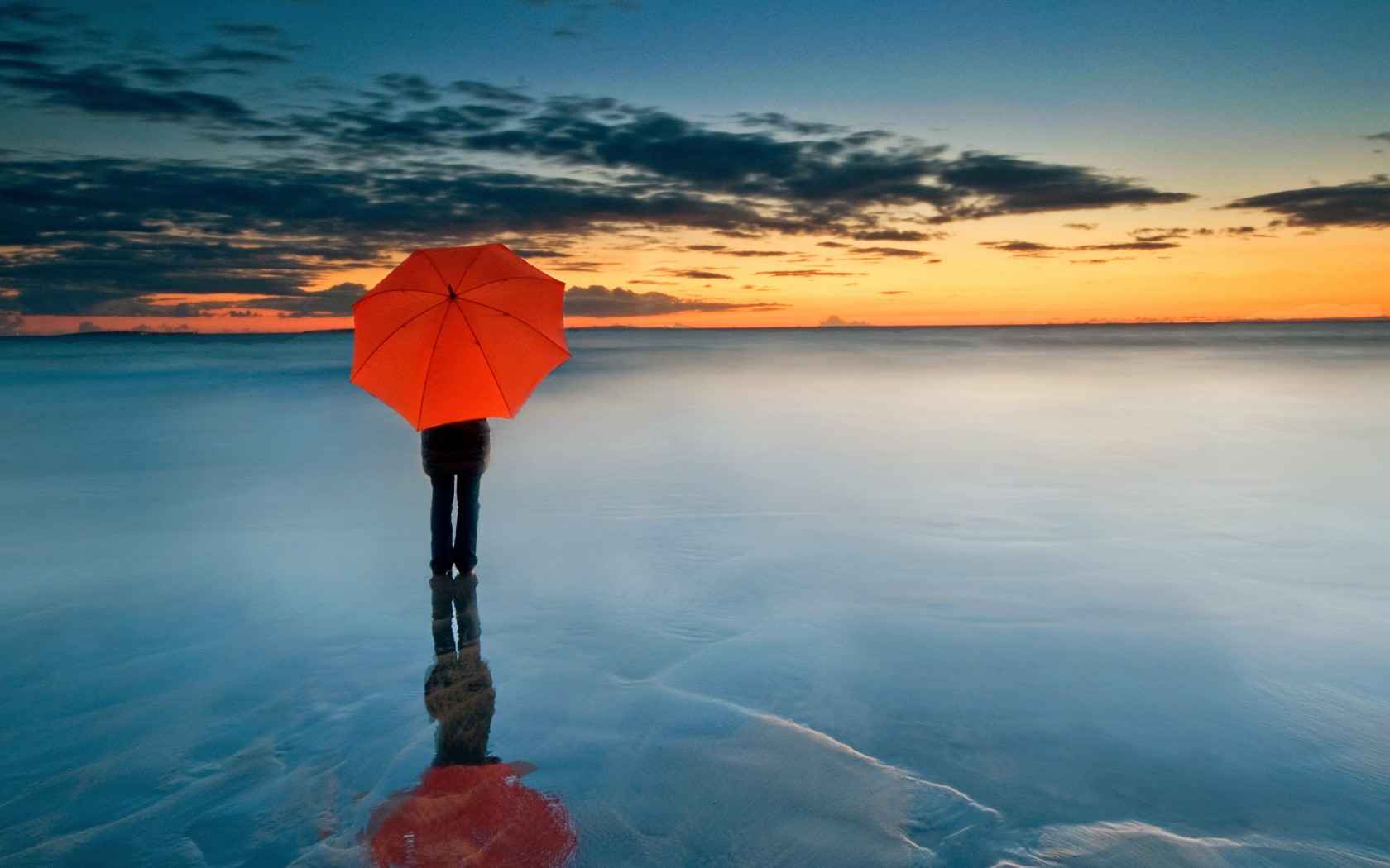 一个人 伞 结冰海面 唯美壁纸-