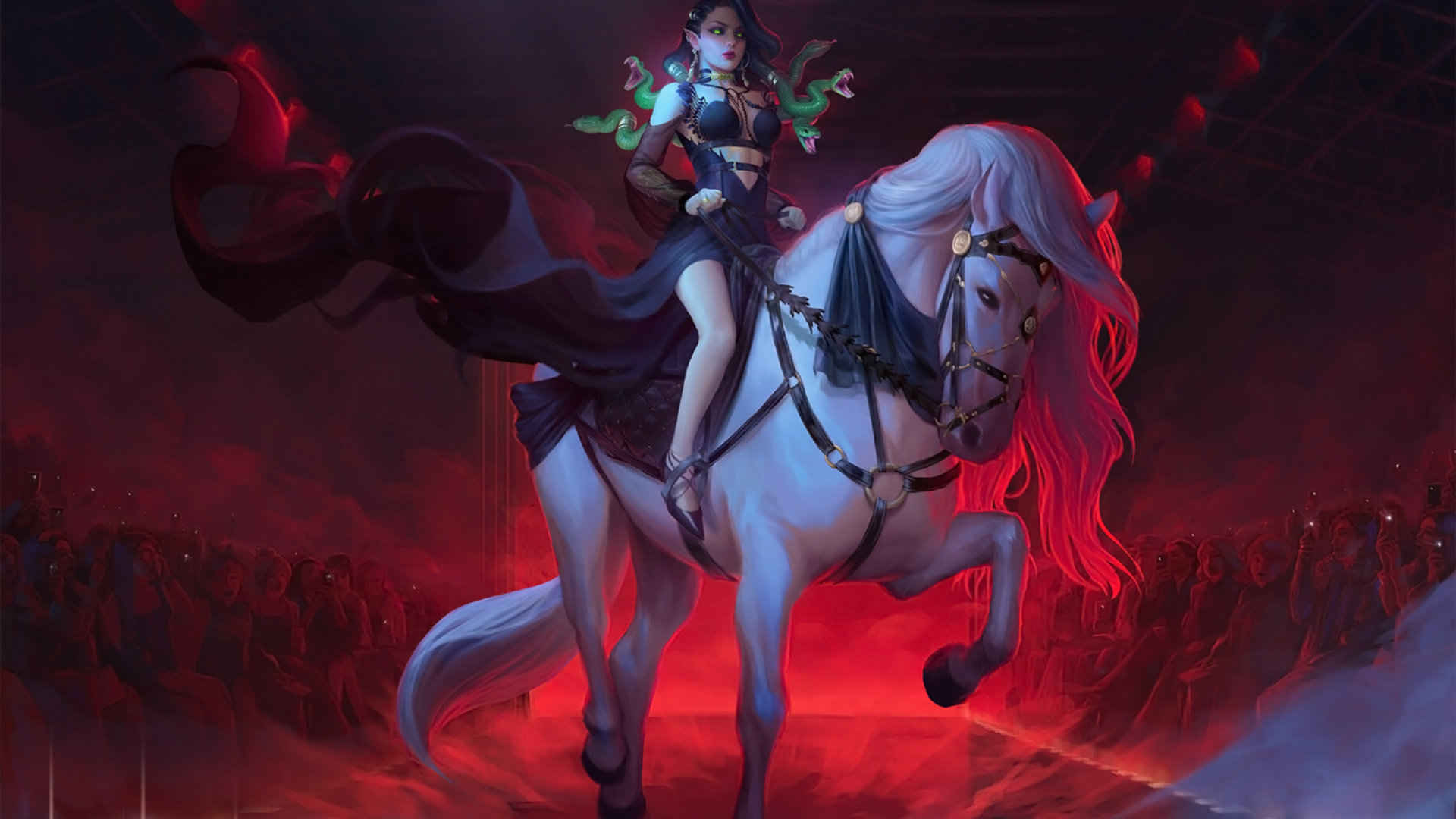 创意T台上骑着大白马的古希腊神话人物“美杜莎”手绘插画