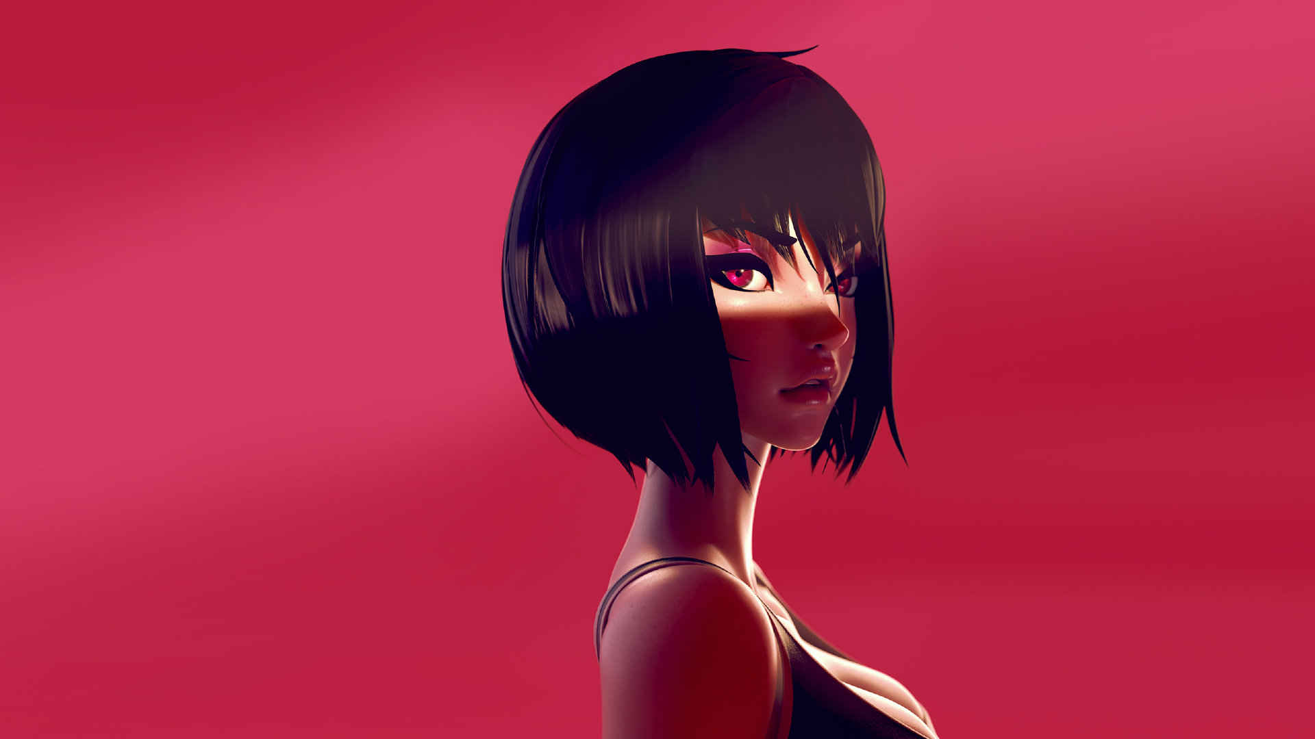 纯红色背景，手绘短发高冷酷酷的动漫少女人像手绘电脑壁纸 ​​​​-