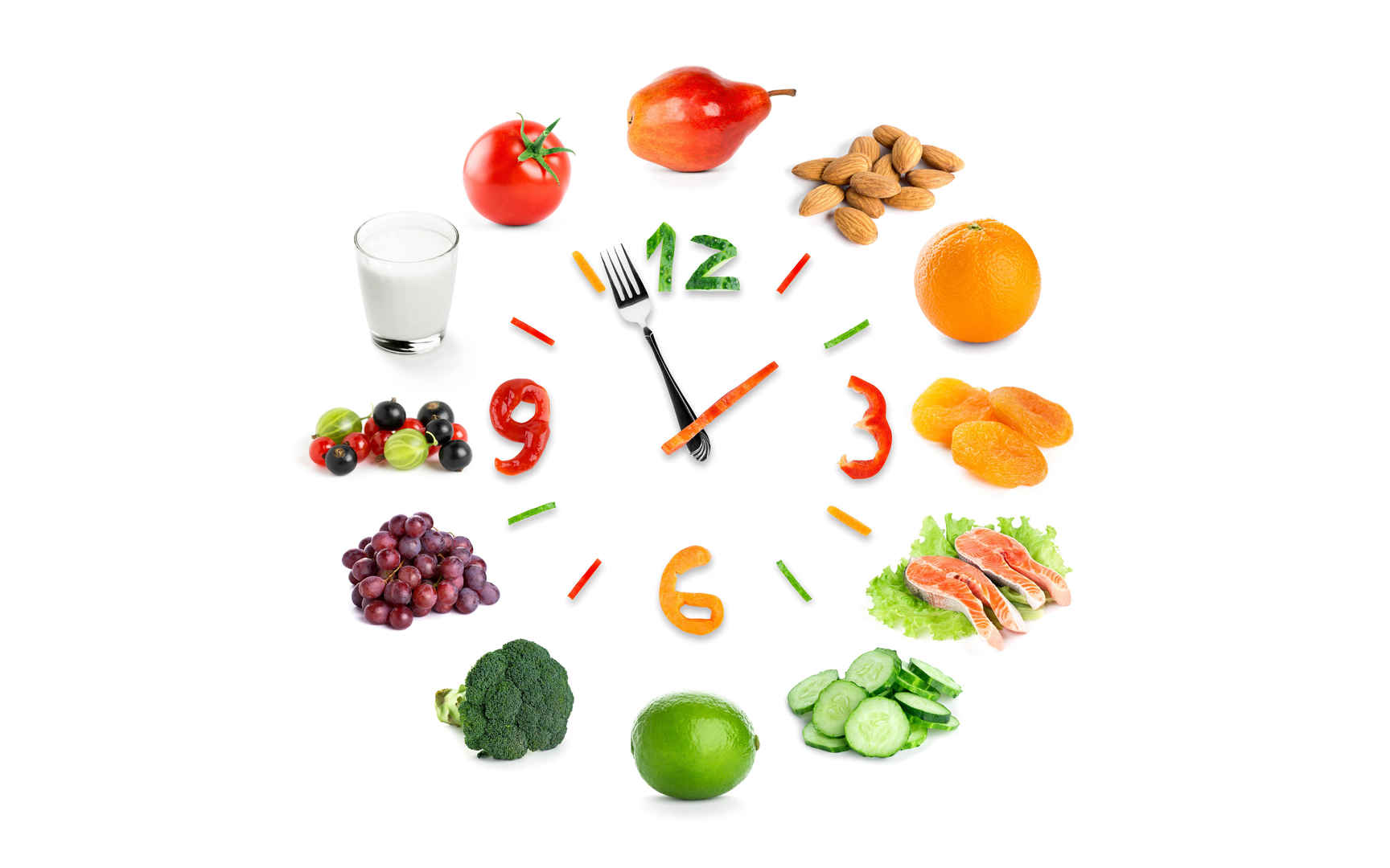 葡萄 番茄 杏干 白菜 牛奶 水果蔬菜 创意时钟图片