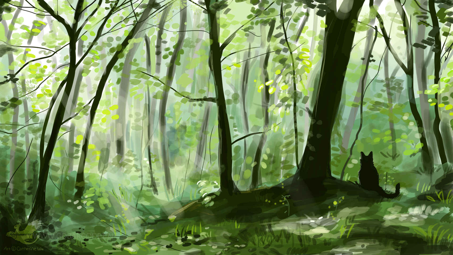 森林树林小黑猫绘画4K壁纸-
