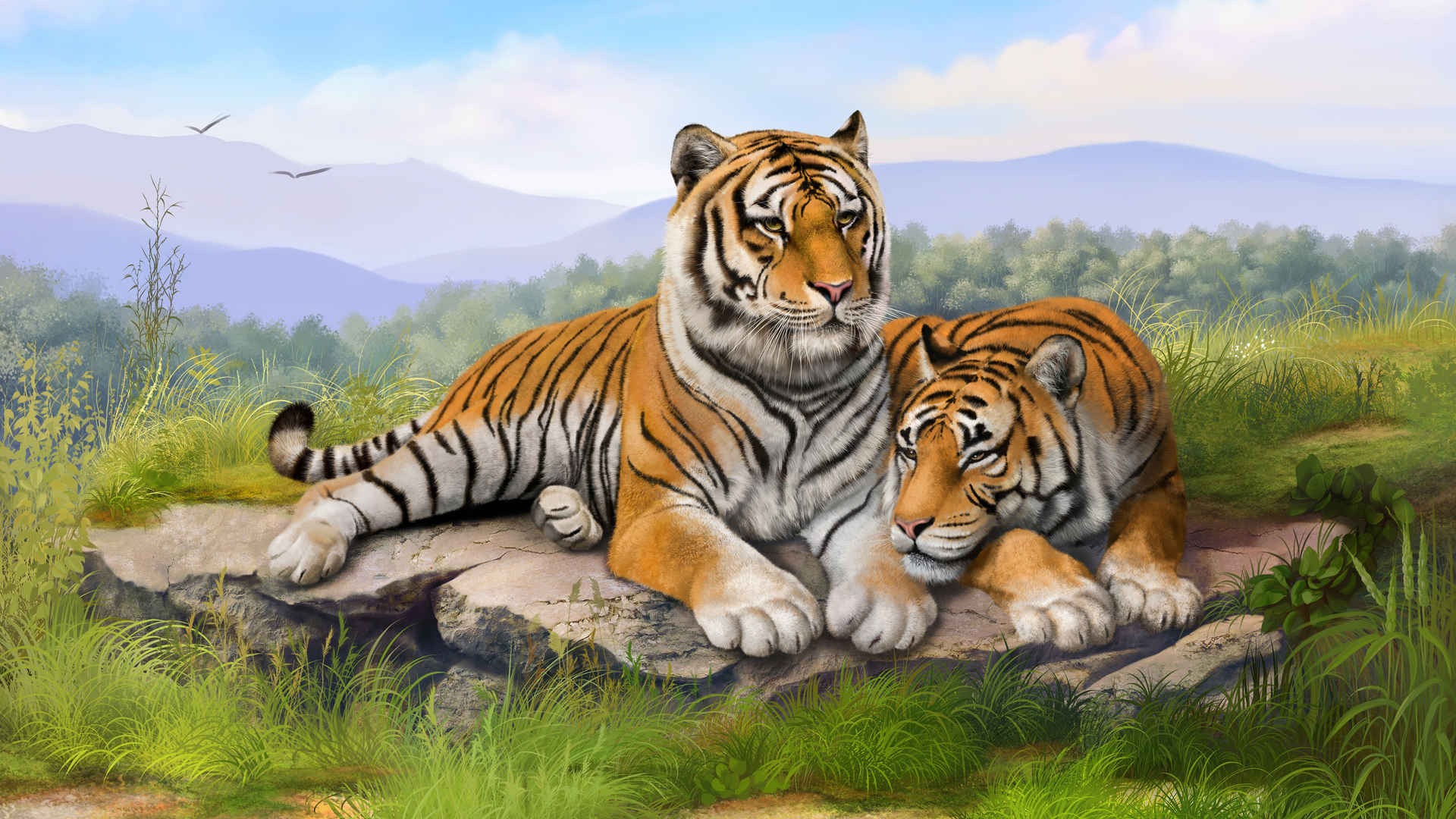 两只老虎手绘风景图片-