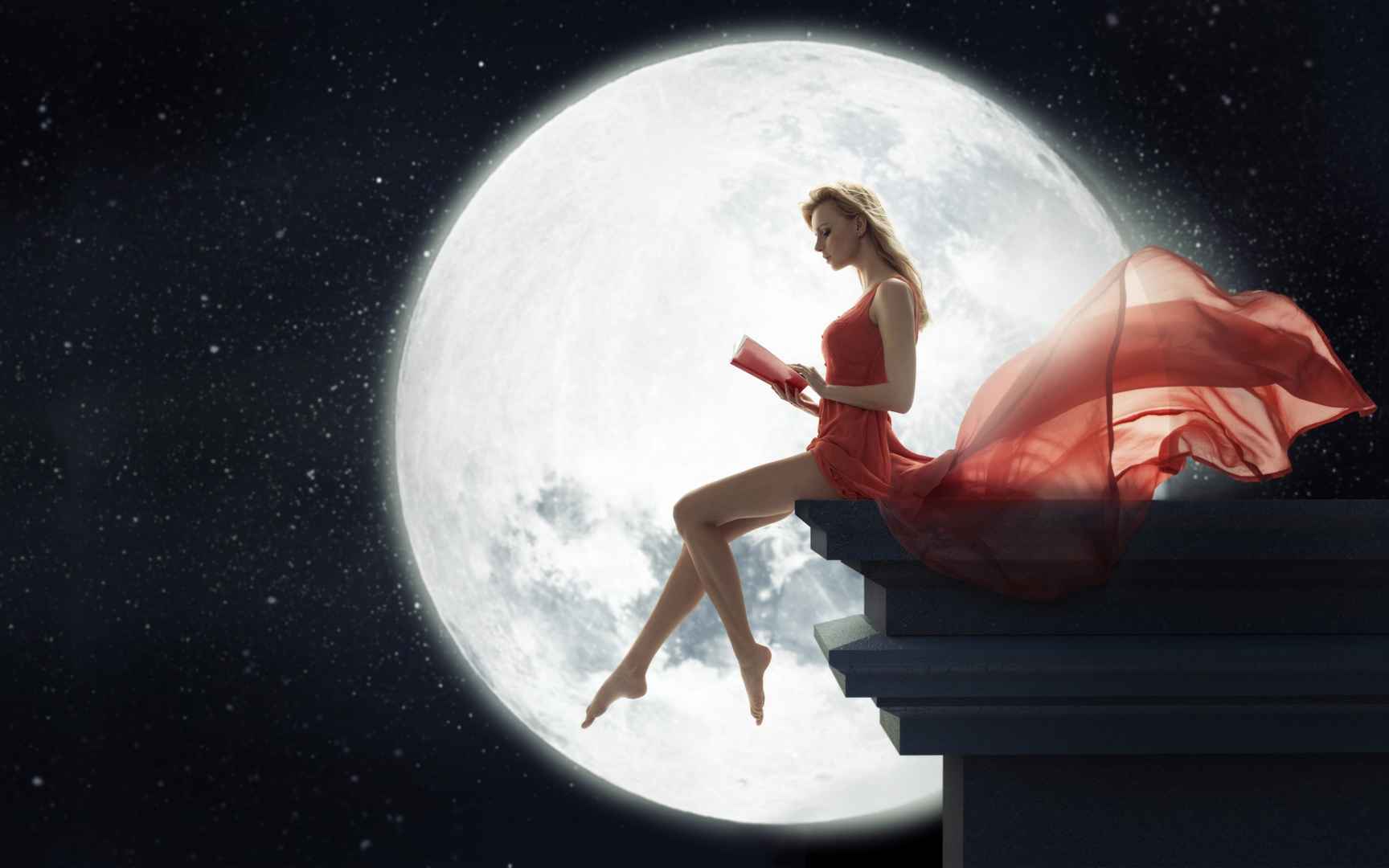 硕大的月亮坐在屋顶穿着红裙的欧美美女唯美摄影壁纸-