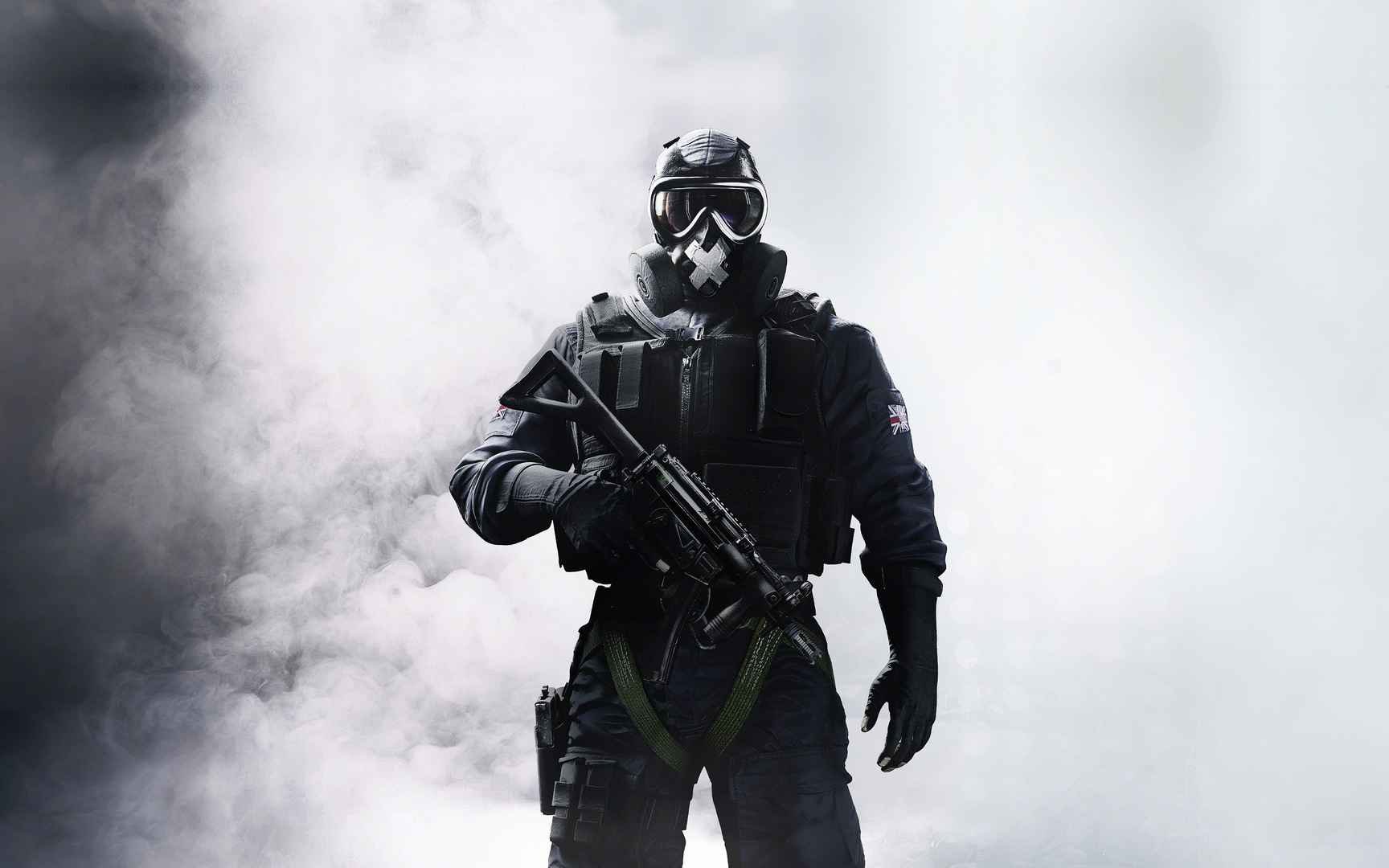 烟雾中全副武装戴着防毒面具的特警霸气壁纸