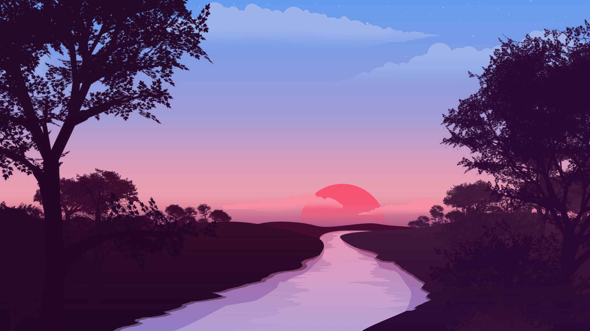 小溪，枝叶茂盛的树，日出的自然风景插画-