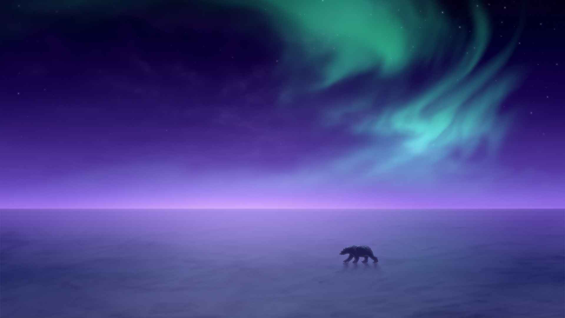北极紫色极光下行走在冰面的北极熊桌面壁纸-