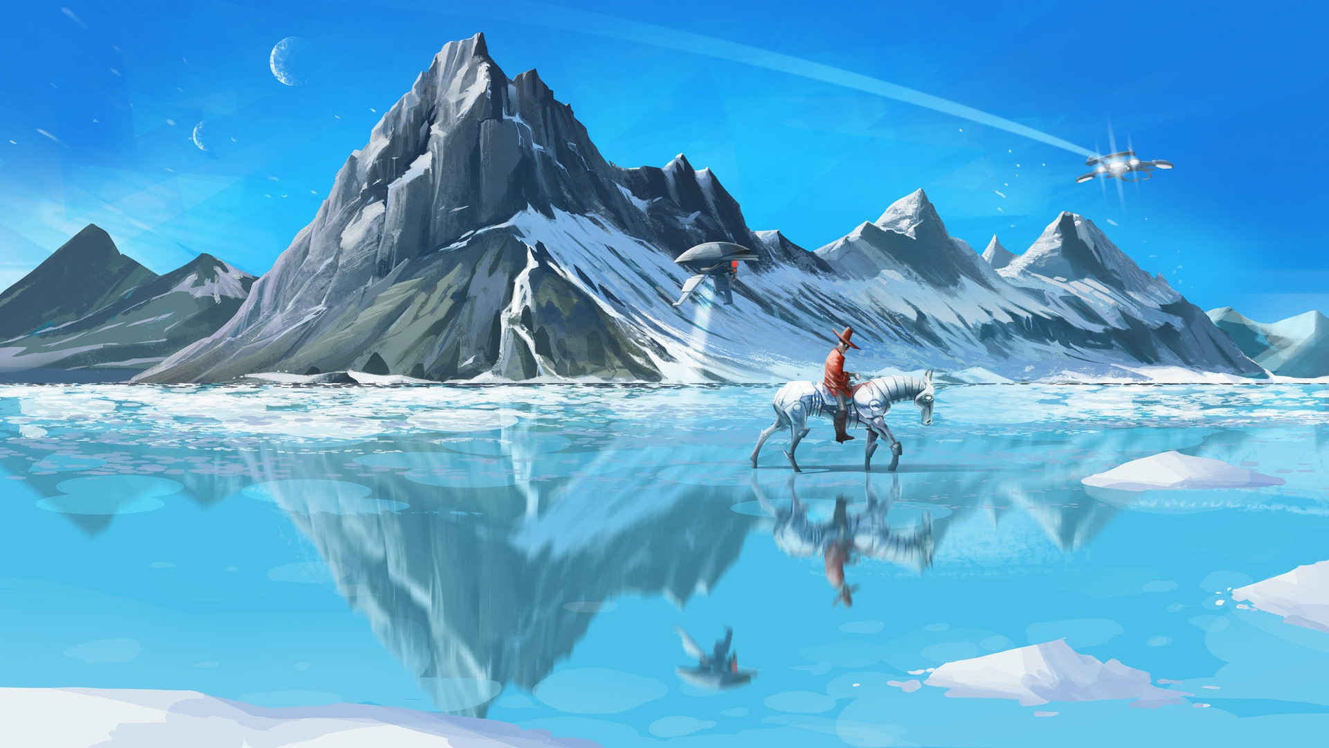 雪山下骑着机械马走在湖中的人物场景插画电脑壁纸