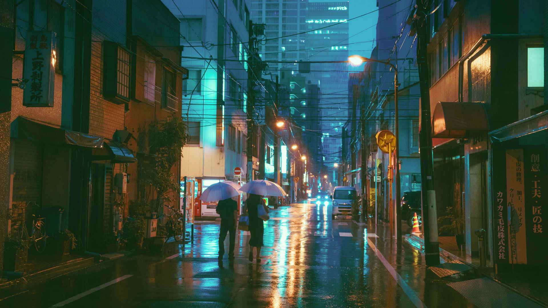 雨中的城市街道夜景唯美壁纸-