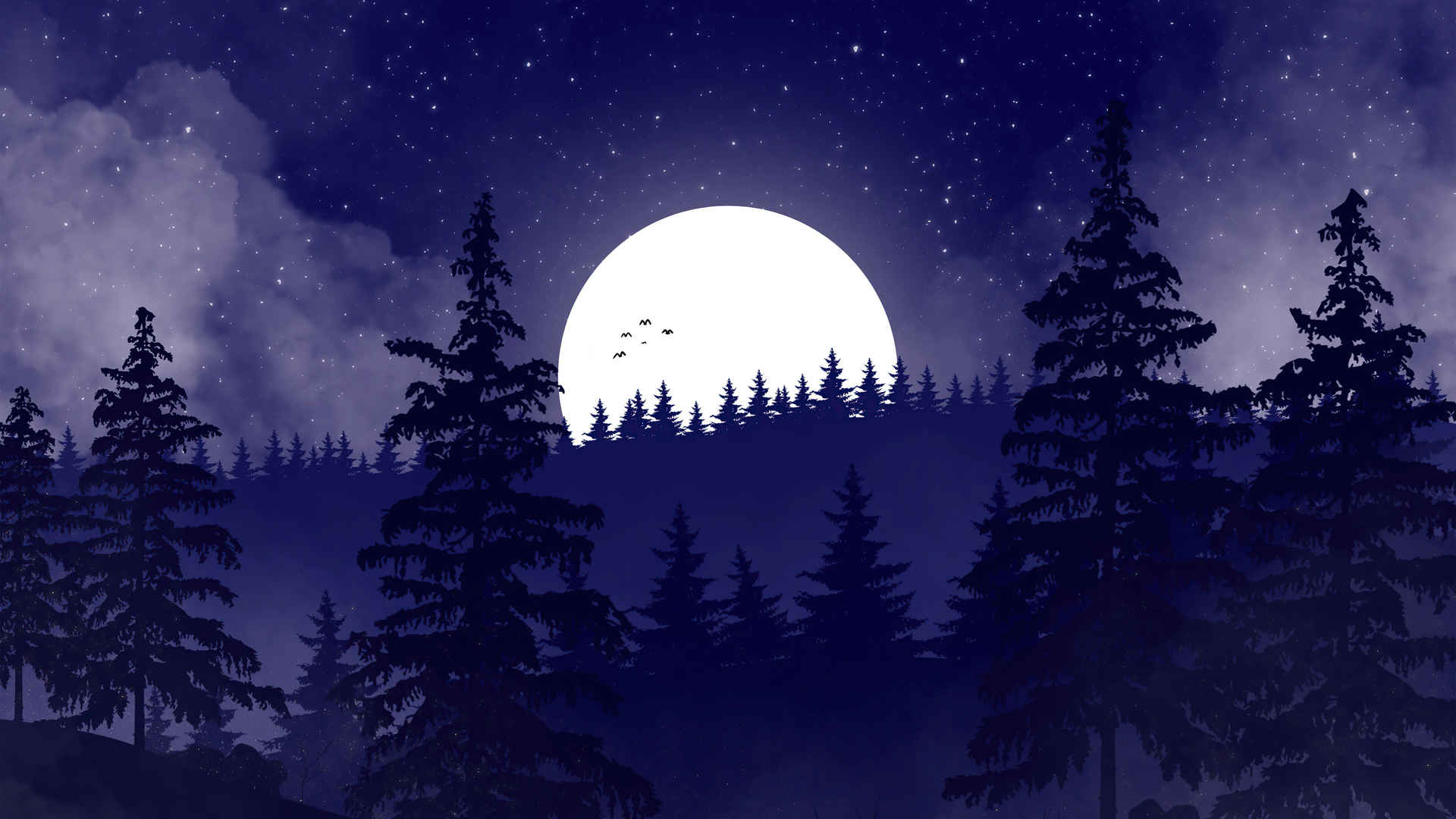 夜晚 森林 月亮 风景插画壁纸-