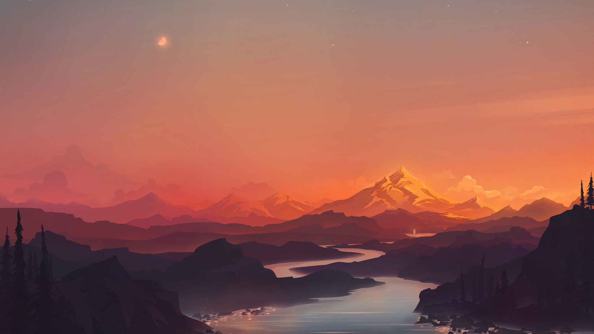 日落 黄昏 山脉 湖泊 风景插画壁纸